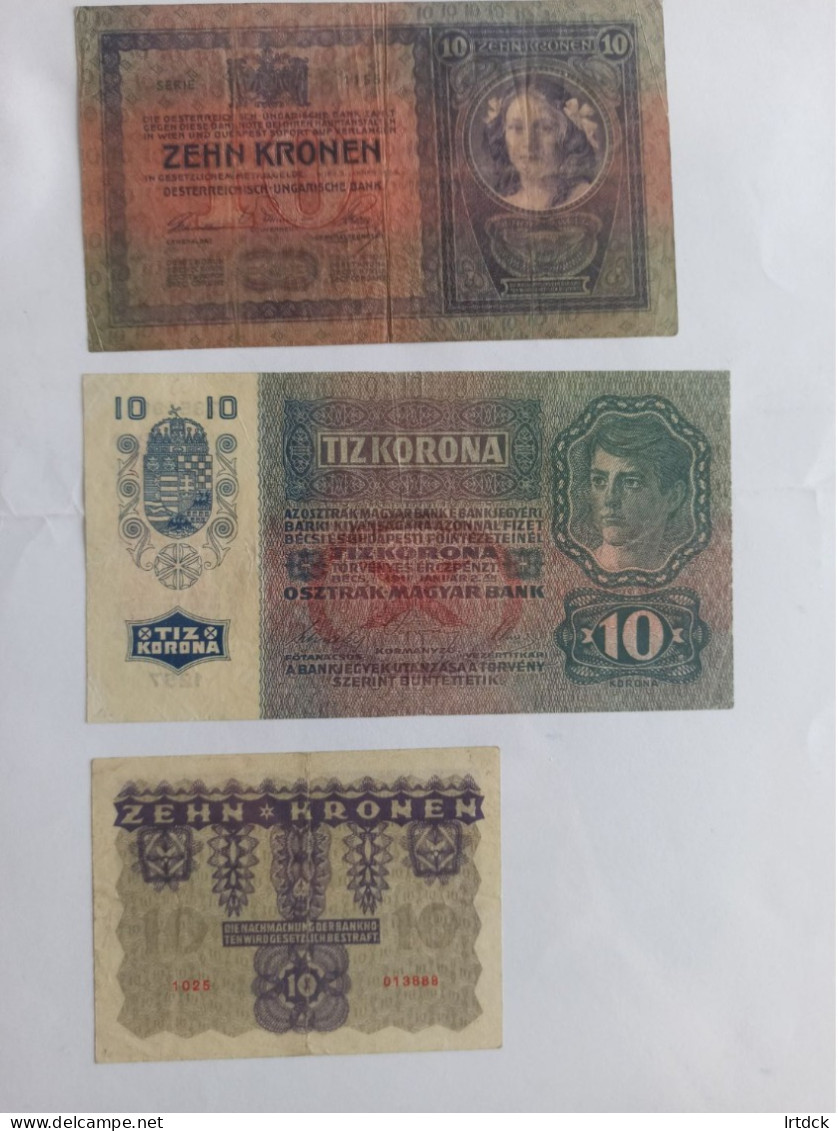 Autriche 3 Billets De 10 Kronen  1904  1915   1922 - Autriche