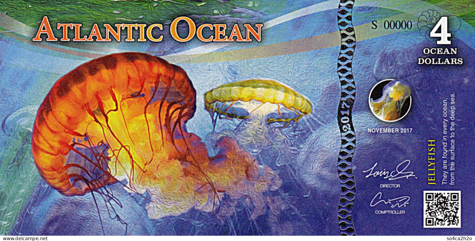 Atlantic Océan Spécimen 4 Dollars Océan  Novembre 2017 UNC Méduse - Fictifs & Spécimens