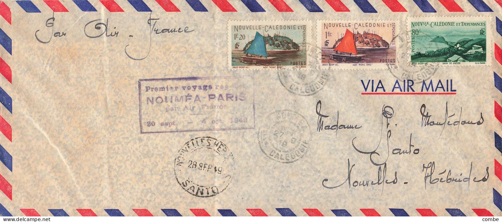 LETTRE. NOUVELLE CALEDONIE. NOUMEA 1949. PAR AVION. 1° VOYAGE REGULIER NOUMEA-PARIS. POUR SANTO HEBRIDES - Brieven En Documenten