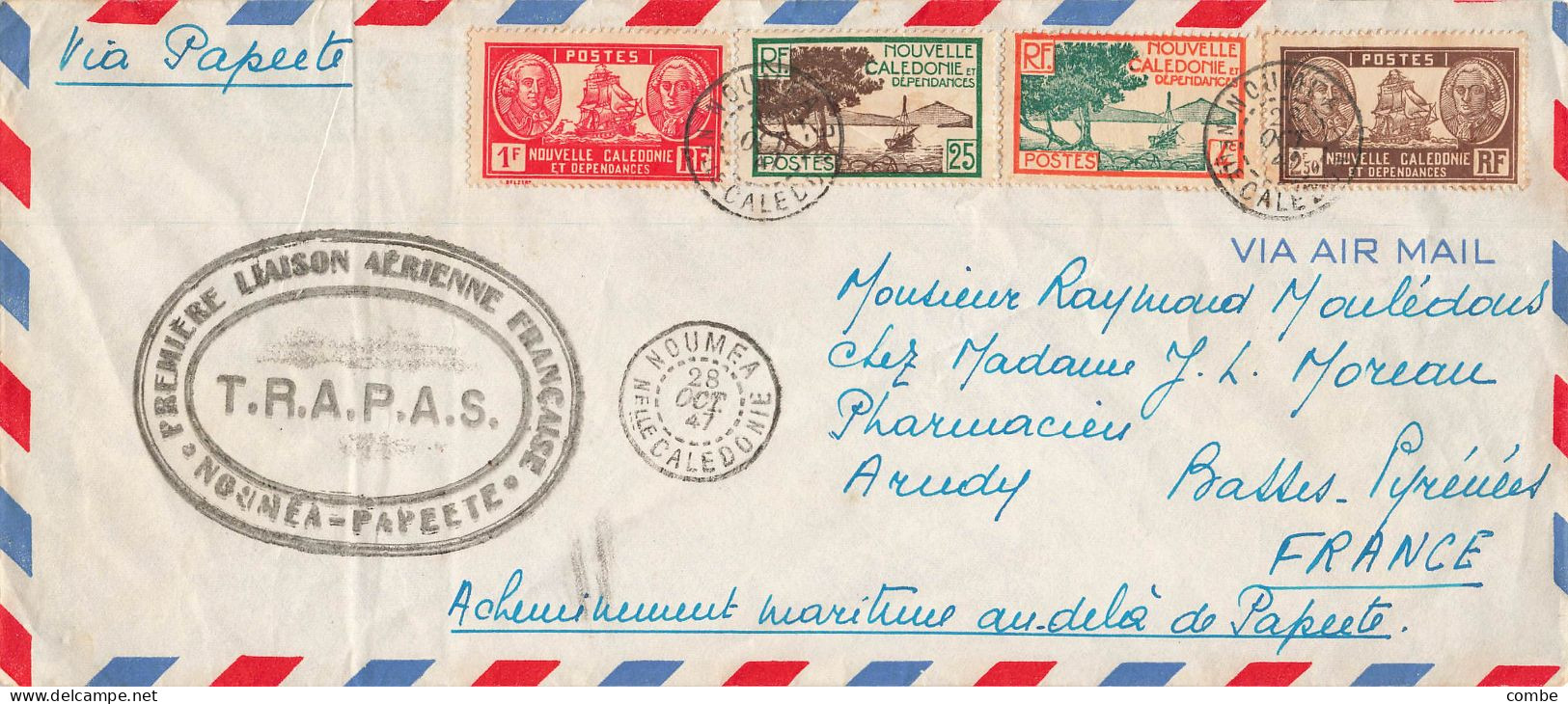 LETTRE. NOUVELLE CALEDONIE. NOUMEA 1947. PAR AVION. 1° LIAISON AERIENNE FRANCAISE. TRAPAS. NOUMEA-PAPEETE - Storia Postale