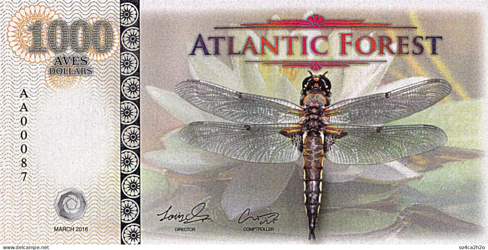Atlantic Forest 1000 Aves Dollars 2016  UNC Libellule Et Lotus - Fictifs & Spécimens