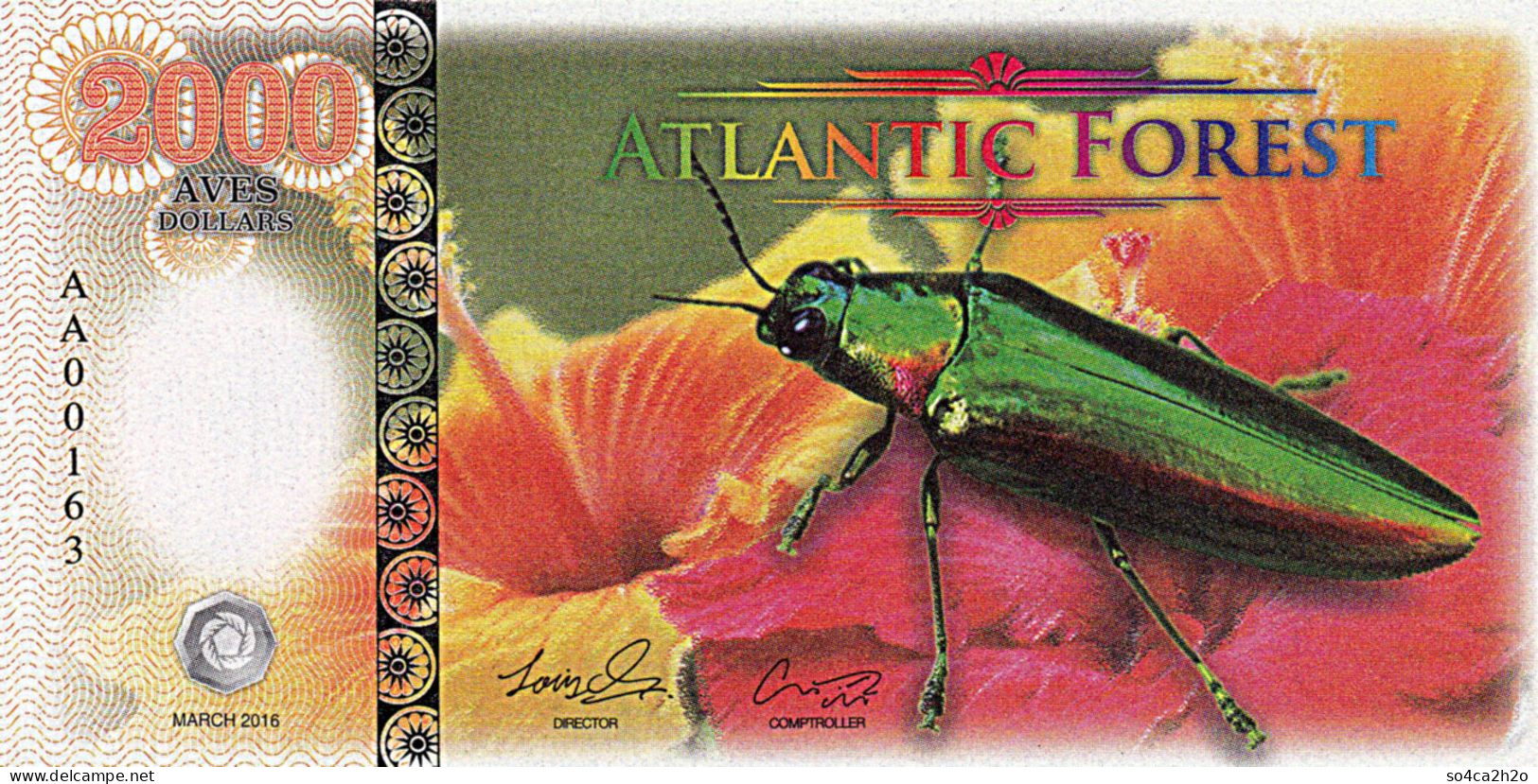 Atlantic Forest 2000 Aves Dollars 2016  UNC Scarabée Et Fleur D'hibiscus - Fictifs & Spécimens