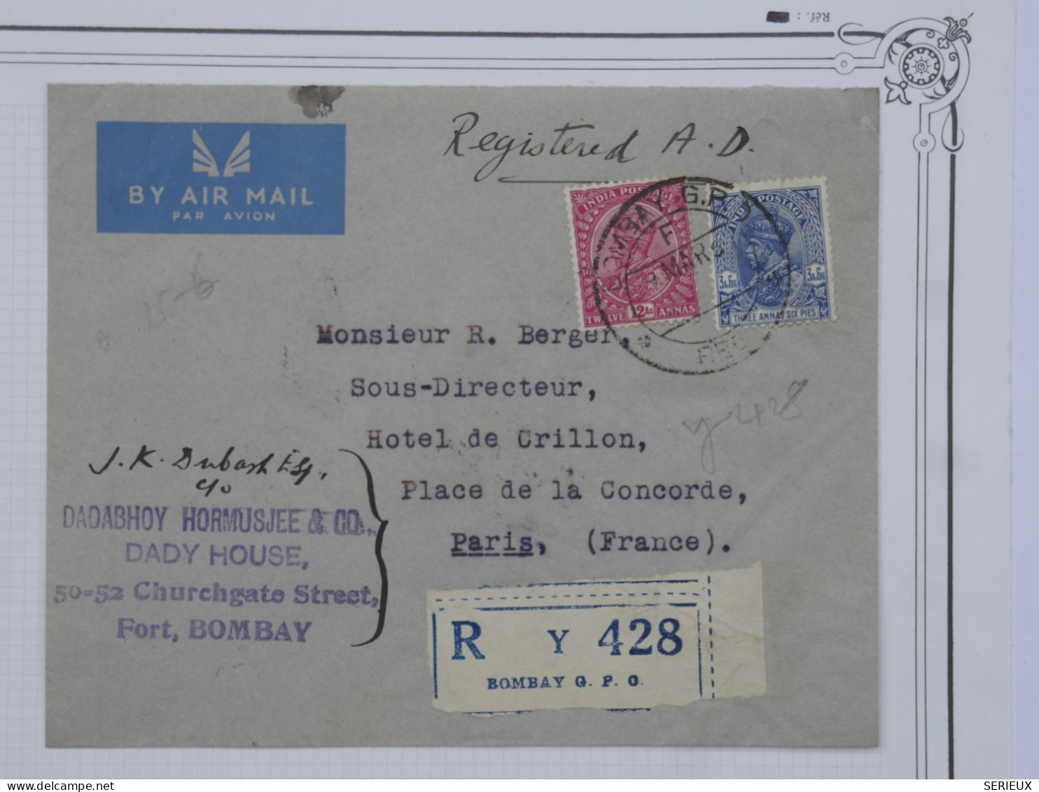 BR18 INDIA  BELLE LETTRE RARE 1937 AIR MAIL  BOMBAY  A  L HOTEL CRILLON  PARIS +CACH. CIRE ROUGE  +AFF. PLAISANT+ - 1936-47 King George VI