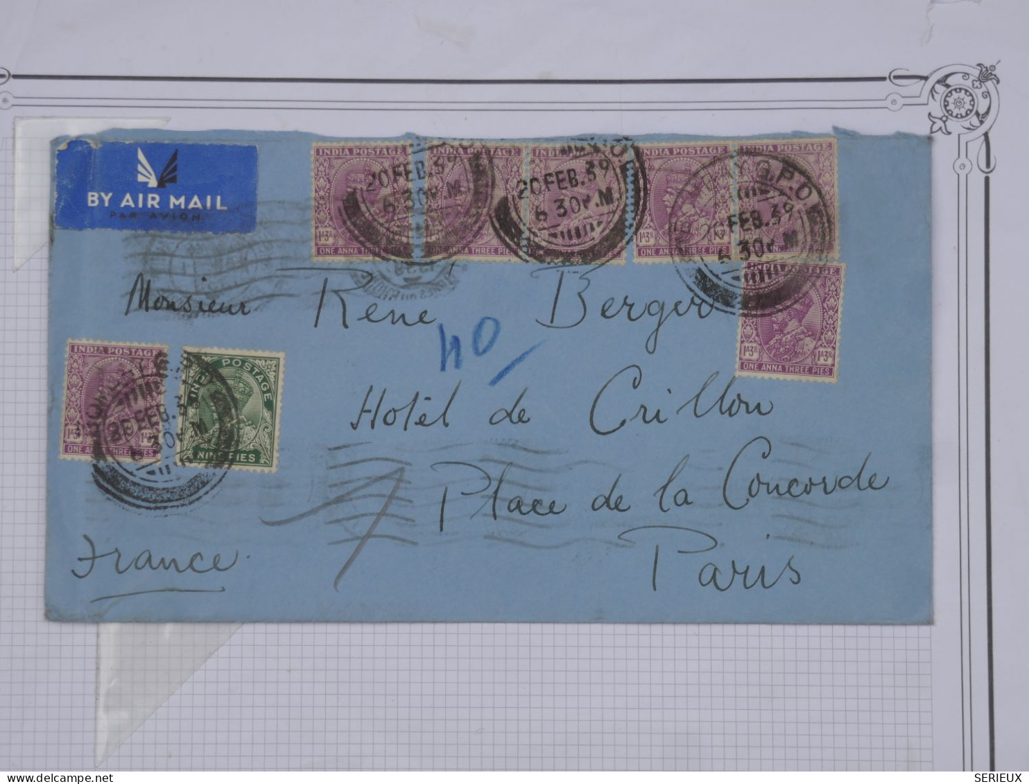 BR18 INDIA  BELLE LETTRE RARE 1939 AIR MAIL  BOMBAY  A  L HOTEL CRILLON  PARIS +  +AFF. PLAISANT+ - 1936-47 Roi Georges VI