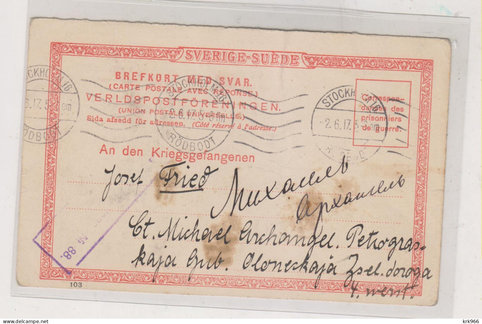 SWEDEN STOCKHOLM 1917  Postal Stationery WW I To POW RUSSIA - Military