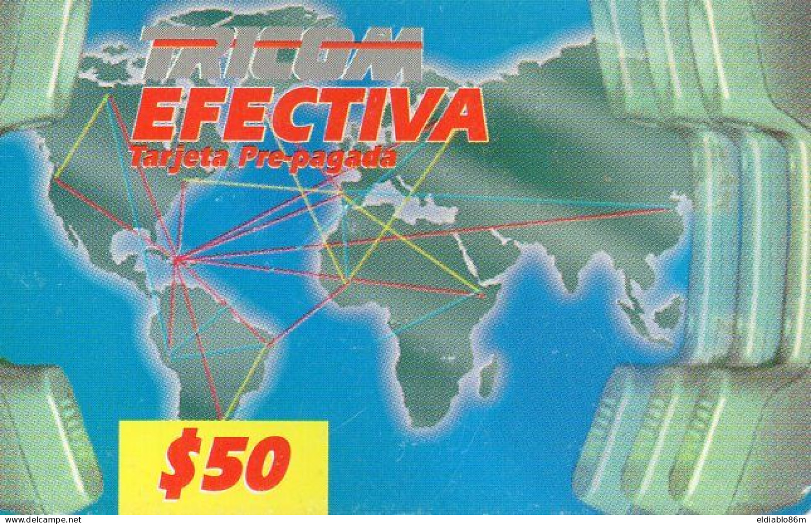 DOMINICIAN REPUBLIC - PREPAID - TRICOM - EFECTIVA - WORLD MAP - 50$ - DOUBLE BARCODE - Dominicaine