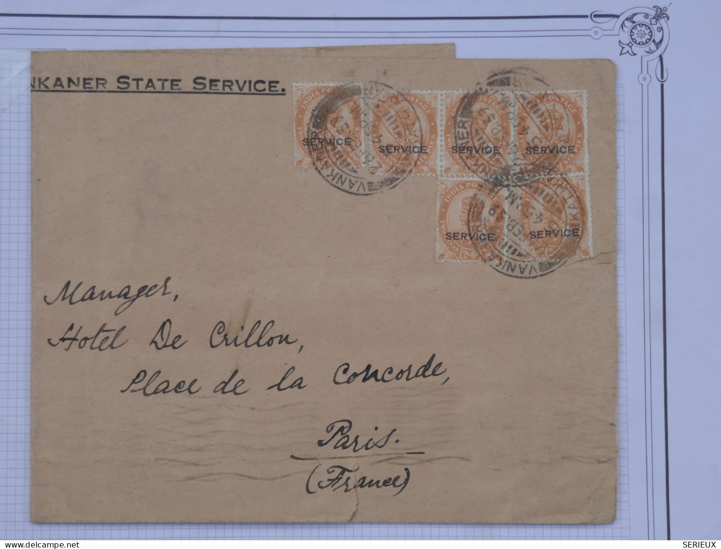 BR18 INDIA  BELLE LETTRE RARE 1939 AIR MAIL SIRESTEDAR  A  L HOTEL CRILLON  PARIS +CACH.  +AFF. PLAISANT+ - 1936-47  George VI