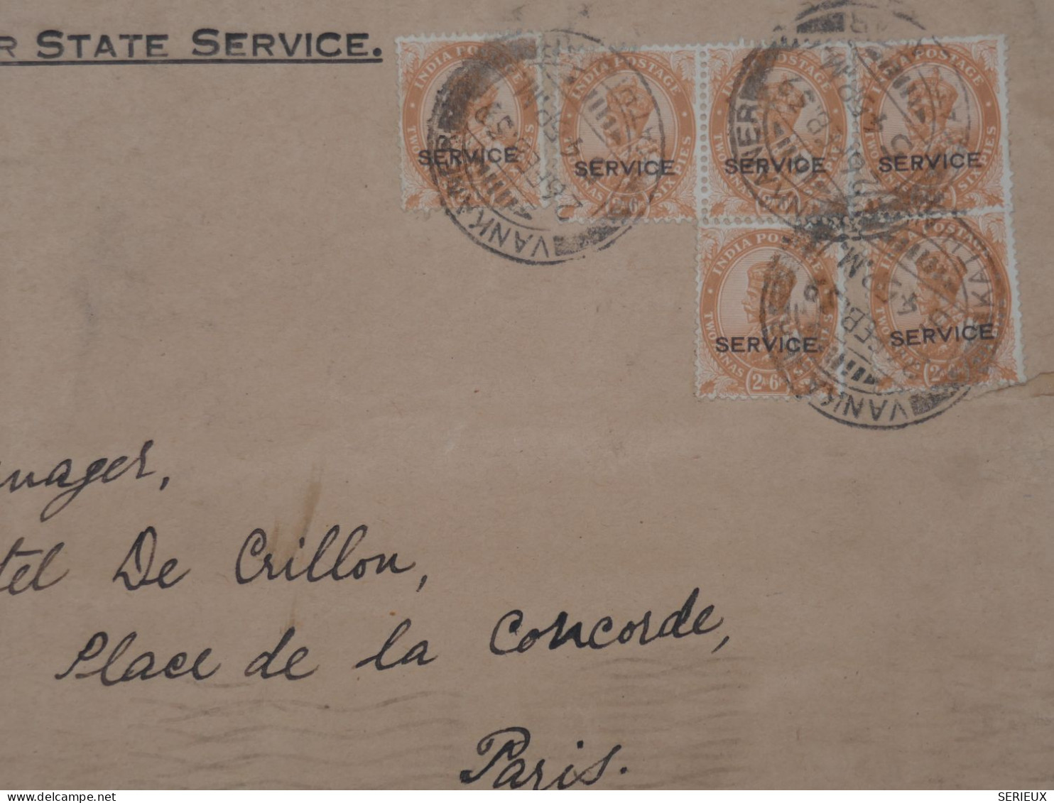 BR18 INDIA  BELLE LETTRE RARE 1939 AIR MAIL SIRESTEDAR  A  L HOTEL CRILLON  PARIS +CACH.  +AFF. PLAISANT+ - 1936-47 King George VI