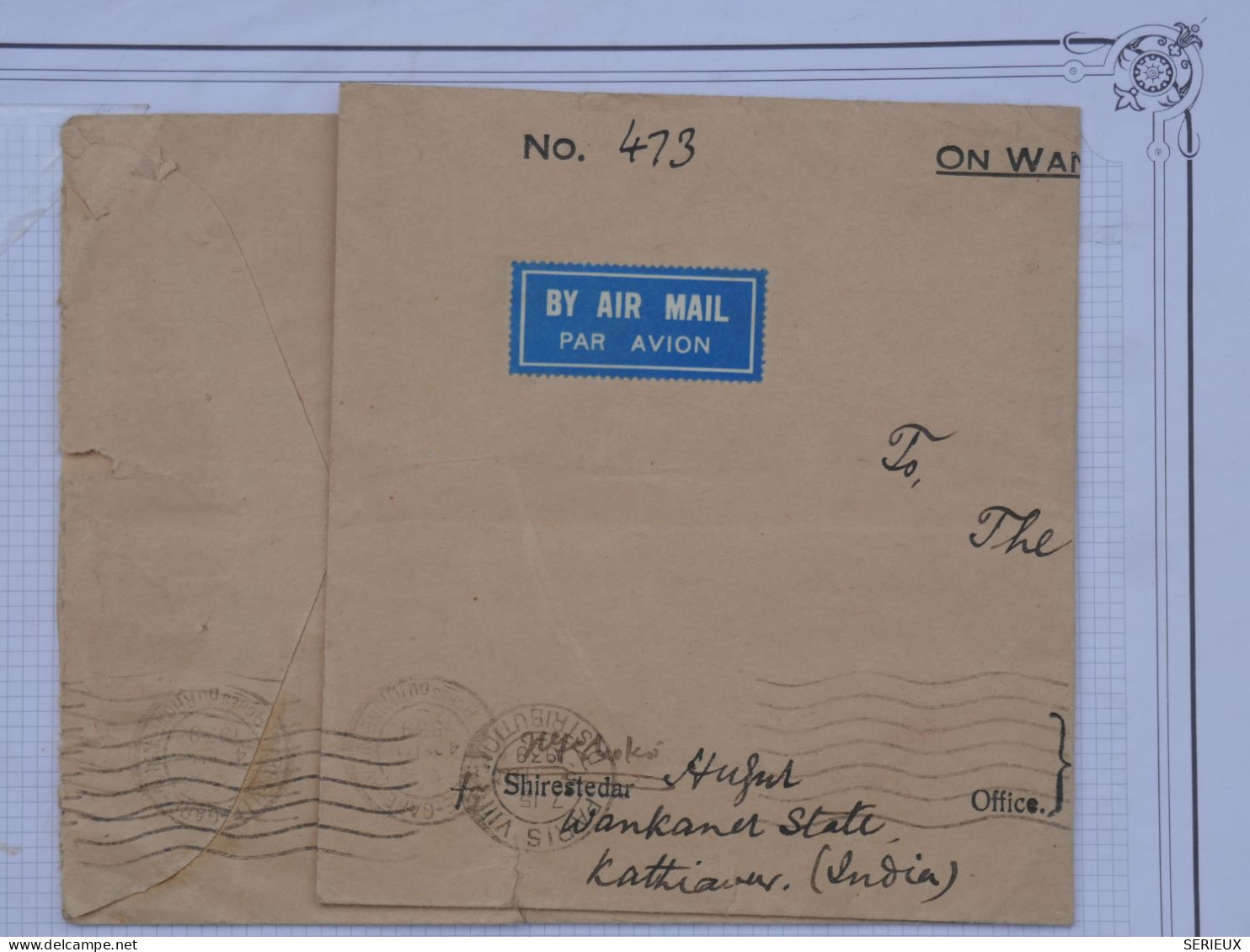 BR18 INDIA  BELLE LETTRE RARE 1939 AIR MAIL SIRESTEDAR  A  L HOTEL CRILLON  PARIS +CACH.  +AFF. PLAISANT+ - 1936-47 Roi Georges VI