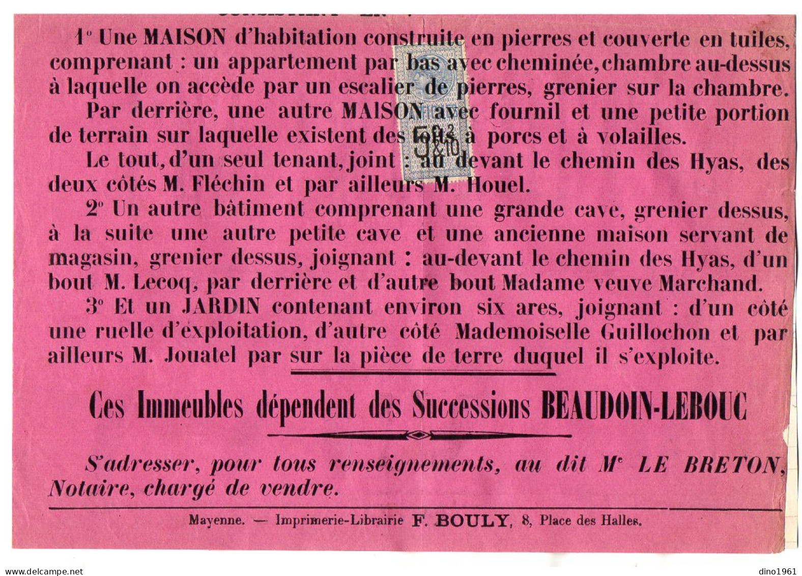 VP21.962 - 1904 - Affiche 29 X 40 - Etude Me LE BRETON, Notaire à RAVIGNY - Vente D'immeubles Situés à GANDELAIN - Affiches