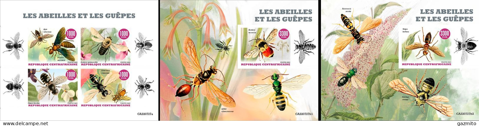 Centrafrica 2022, Animals, Bees And Wasp, 3val In BF+2BF IMPERFORATED - Abeilles