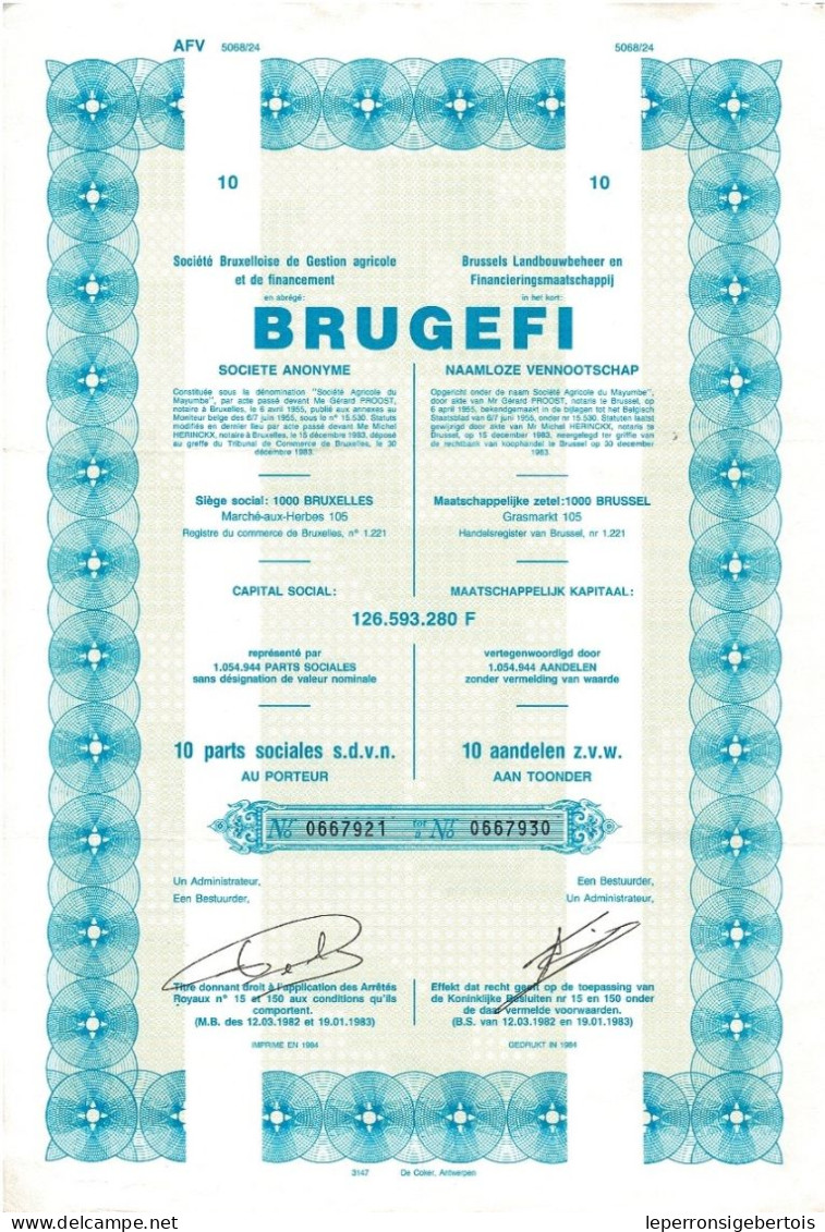 - Titre De 1983 - Société Bruxelloise De Gestion Agricole Et De Financement BRUGEFI  AFV - Société Anonyme - VF- - Afrika