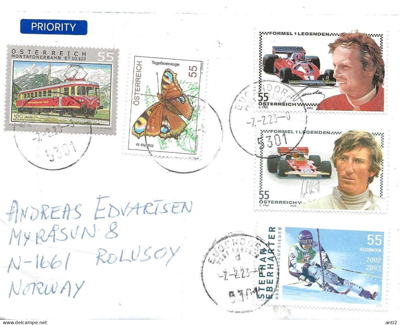 Austria 2095 Cover Railcar, Butterfly, Formula Drivers, Skier, Mi 2547, 2537, 2544, 2535, 2508 Cancelled 2023 - Covers & Documents