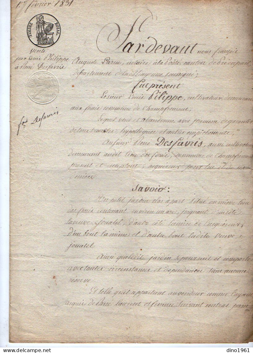 VP21.963 - LA POOTE - Acte De 1831 - Vente D'un Petit Jardin Situé à CHAMPFREMONT Par Mr PHILIPPE à Mr DESFAVRIS - Manifesti