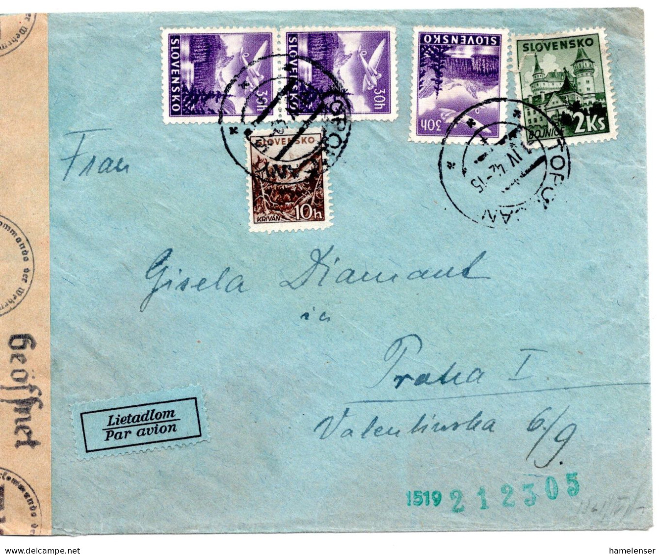 65646 - Slowakei - 1942 - 3@30h Luftpost MiF A LpBf TOPOL'CANY -> Boehmen & Maehren, M Dt Zensur - Lettres & Documents