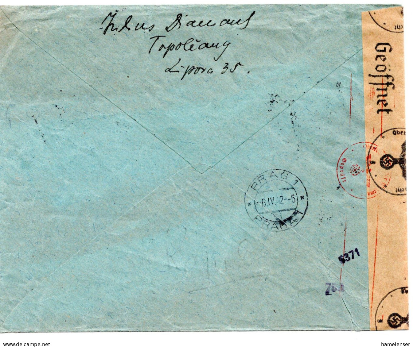 65646 - Slowakei - 1942 - 3@30h Luftpost MiF A LpBf TOPOL'CANY -> Boehmen & Maehren, M Dt Zensur - Storia Postale