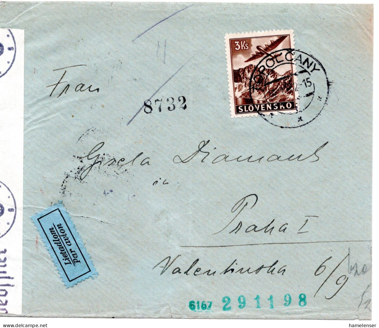 65650 - Slowakei - 1942 - 3Ks Luftpost EF A LpBf BRATISLAVA -> Boehmen & Maehren, M Dt Zensur - Storia Postale