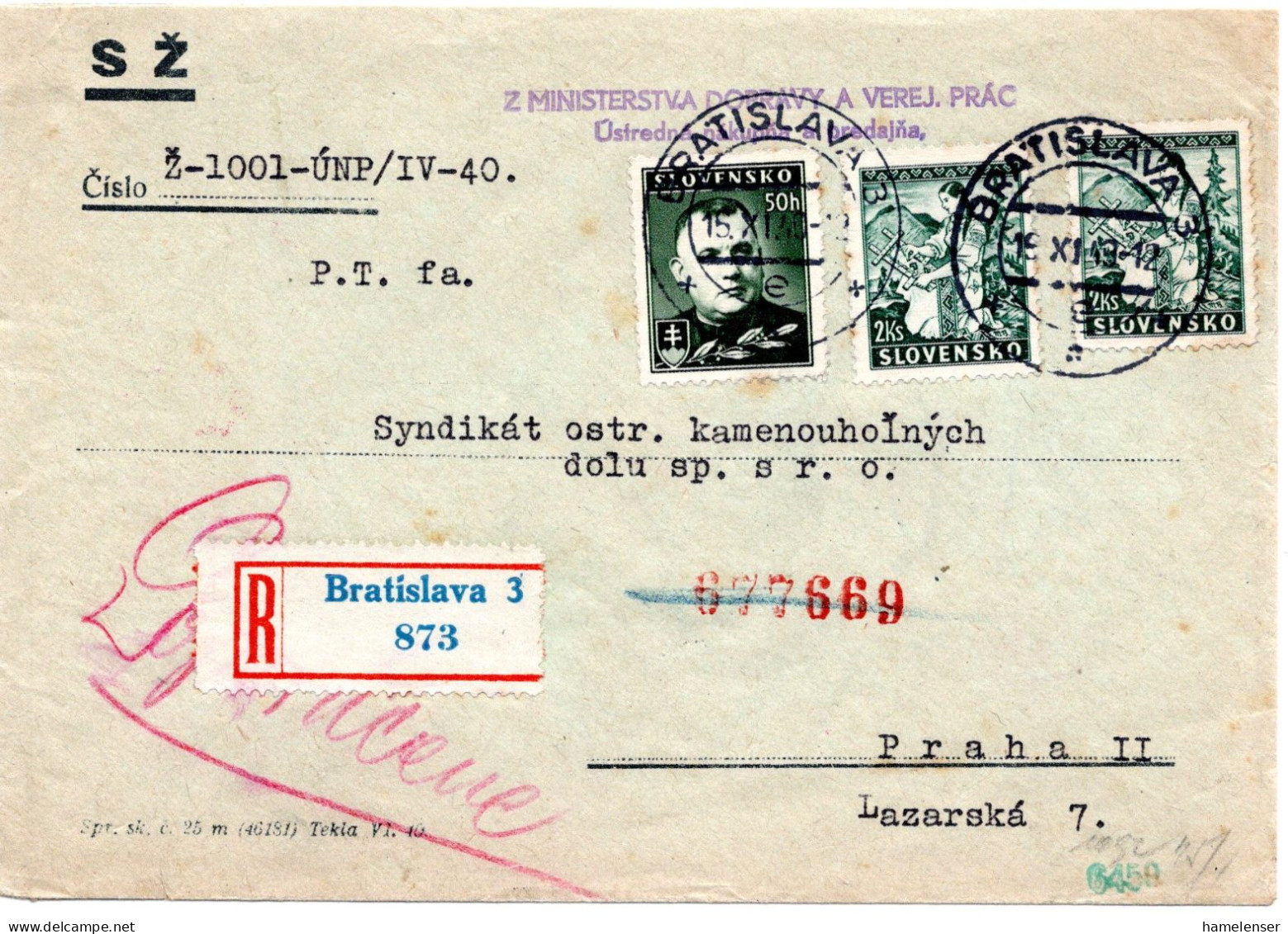 65651 - Slowakei - 1940 - 2@2Ks Trachten MiF A R-Bf BRATISLAVA -> Boehmen & Maehren, M Dt Zensur - Storia Postale