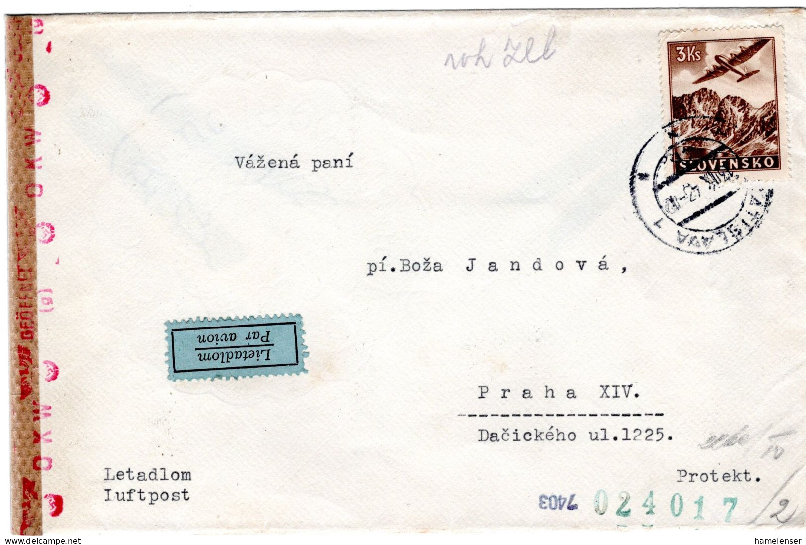 65652 - Slowakei - 1943 - 3Ks Luftpost EF A LpBf BRATISLAVA -> Boehmen & Maehren, M Dt Zensur - Storia Postale