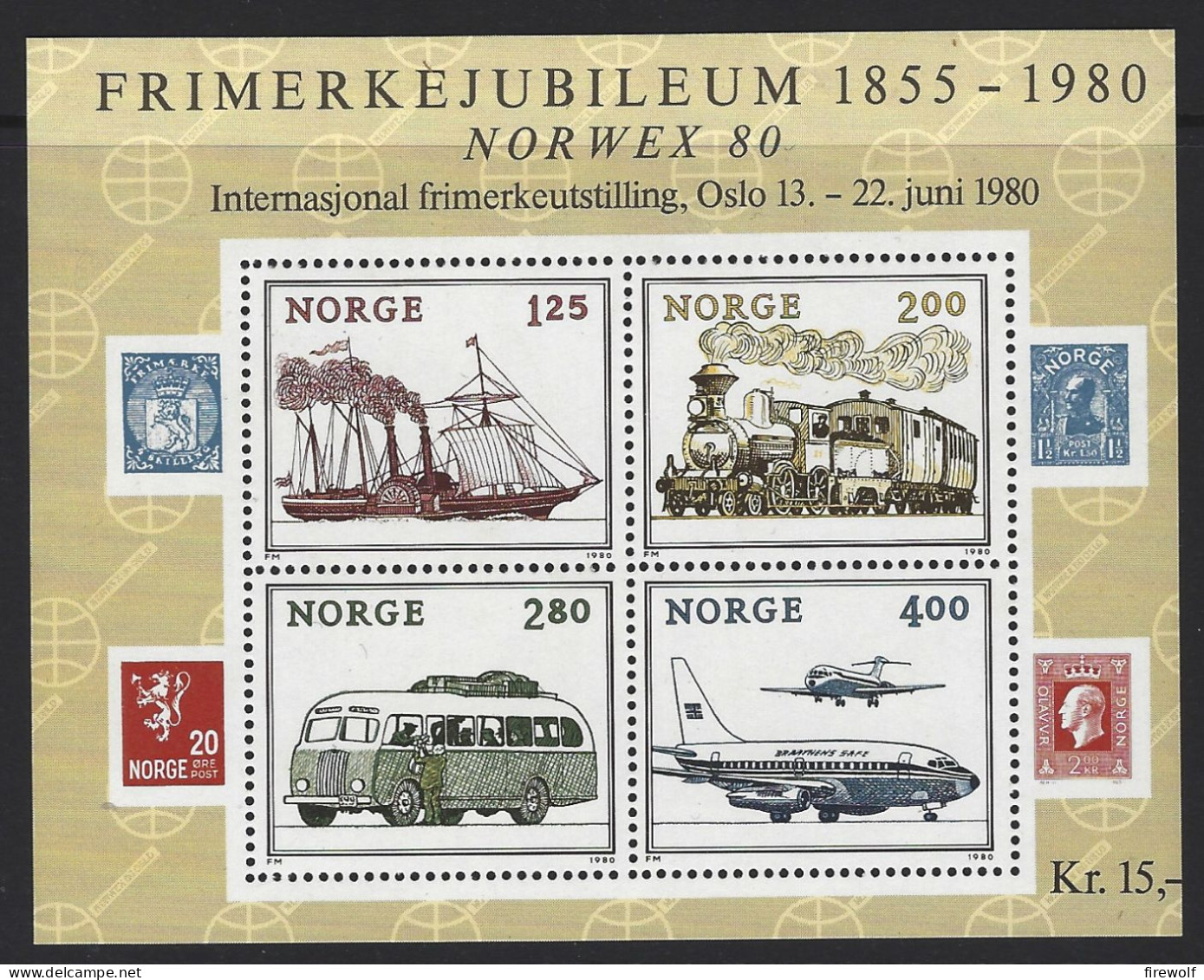 A42 - Norway - 1980 - SW 833/836 MNH Sheet - International Stamp Exhibition NORWEX 80 - Ship Train Bus Plane - Esposizioni Filateliche