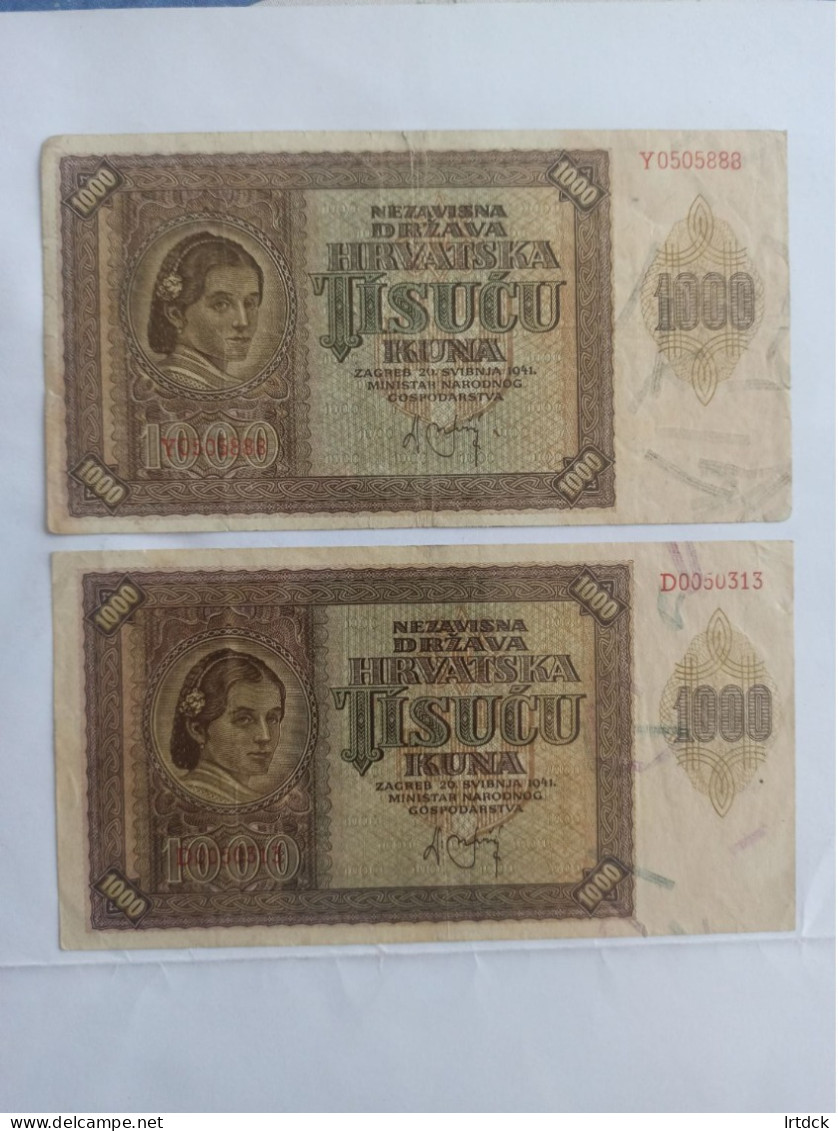 Croatie 2 Billets De 1000  Kuna 1941 - Croatie