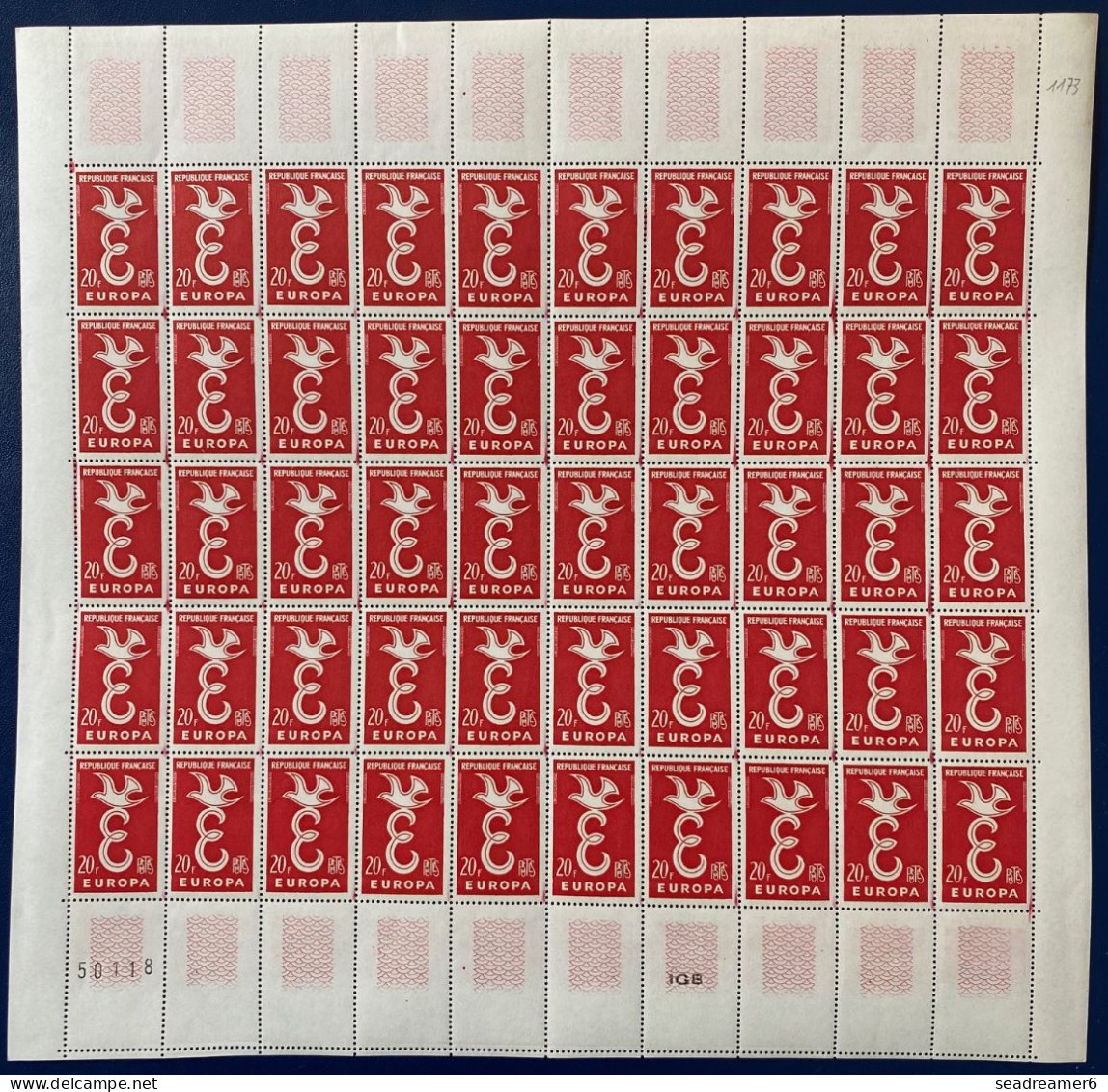 FRANCE Feuille De 50 Du Timbre EUROPA N°1173 20fr Rouge Variétés D'essuyage Sur La Majorité ! TTB - Unused Stamps