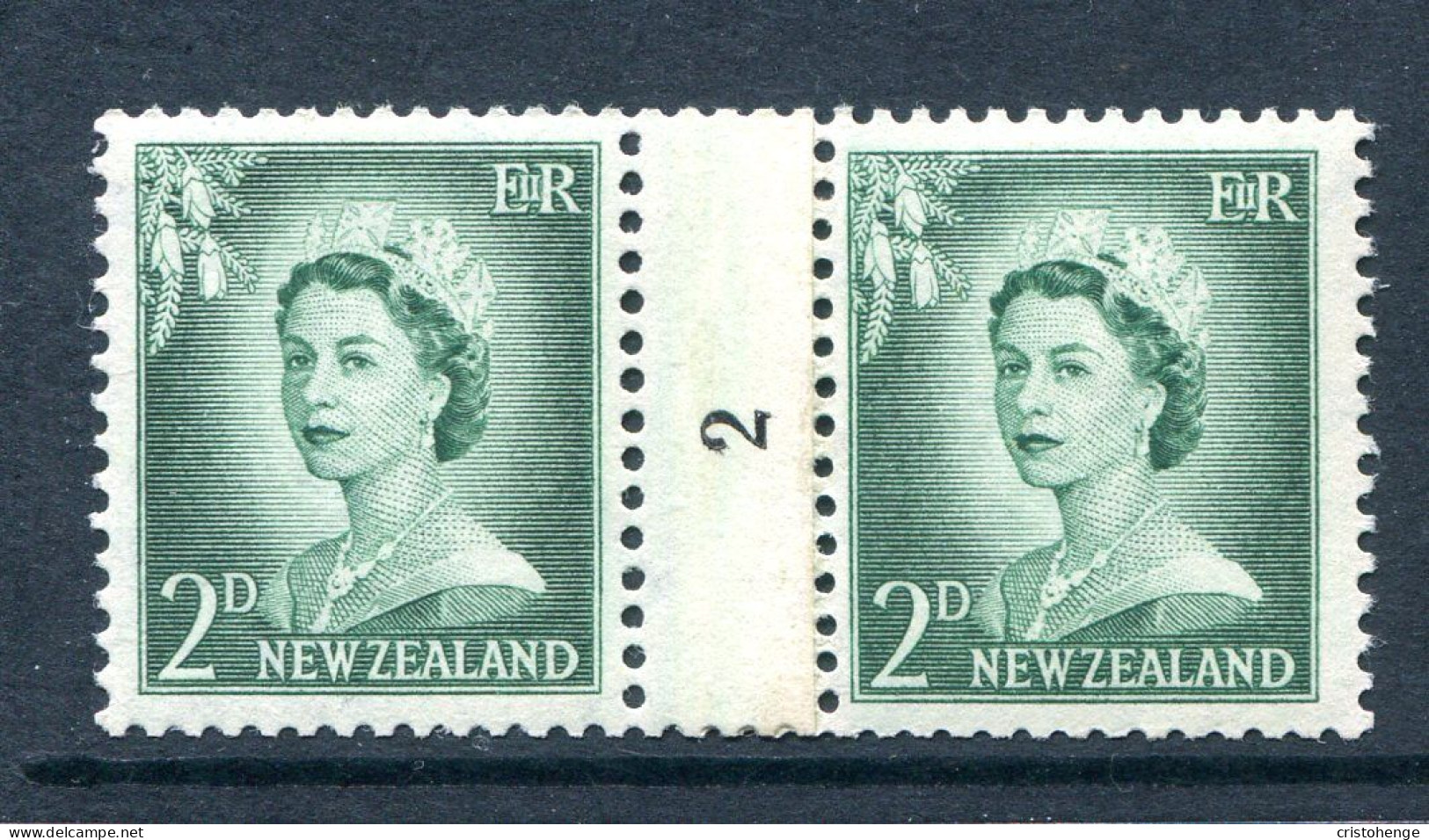 New Zealand 1955-59 QEII Large Figure Definitives - Coil Pairs - 2d Bluish-green - No. 2 - LHM - Ongebruikt