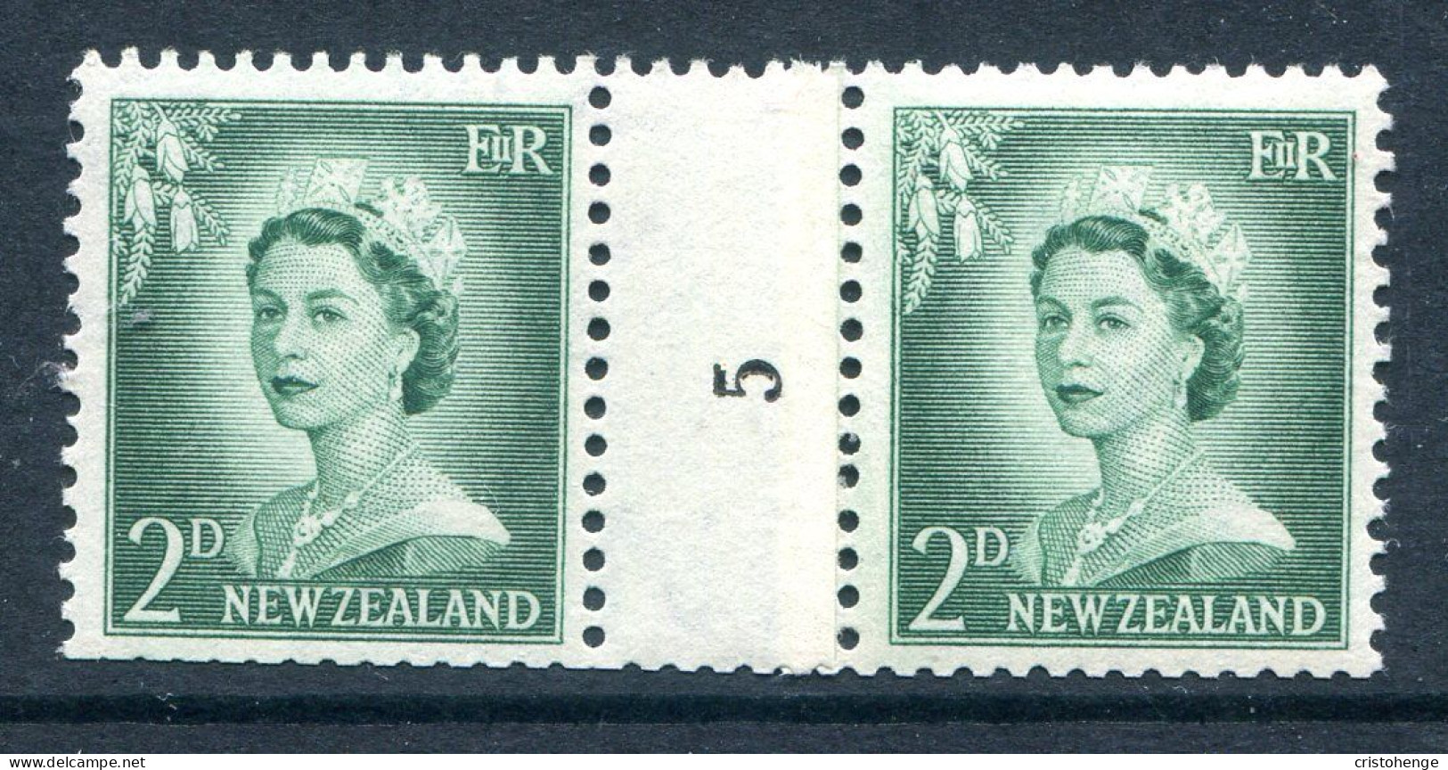 New Zealand 1955-59 QEII Large Figure Definitives - Coil Pairs - 2d Bluish-green - No. 5 - LHM - Unused Stamps