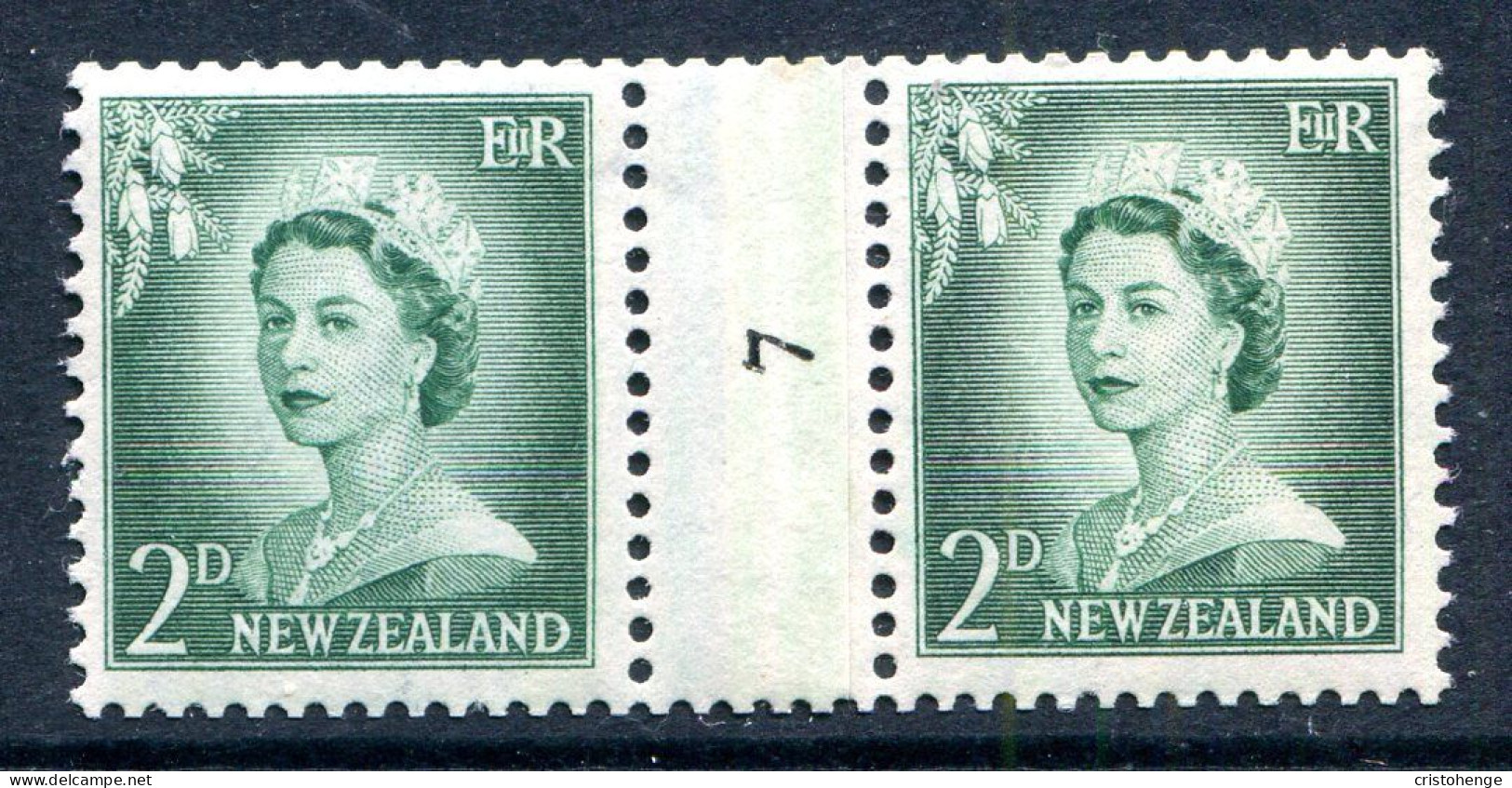 New Zealand 1955-59 QEII Large Figure Definitives - Coil Pairs - 2d Bluish-green - No. 7 - LHM - Ongebruikt