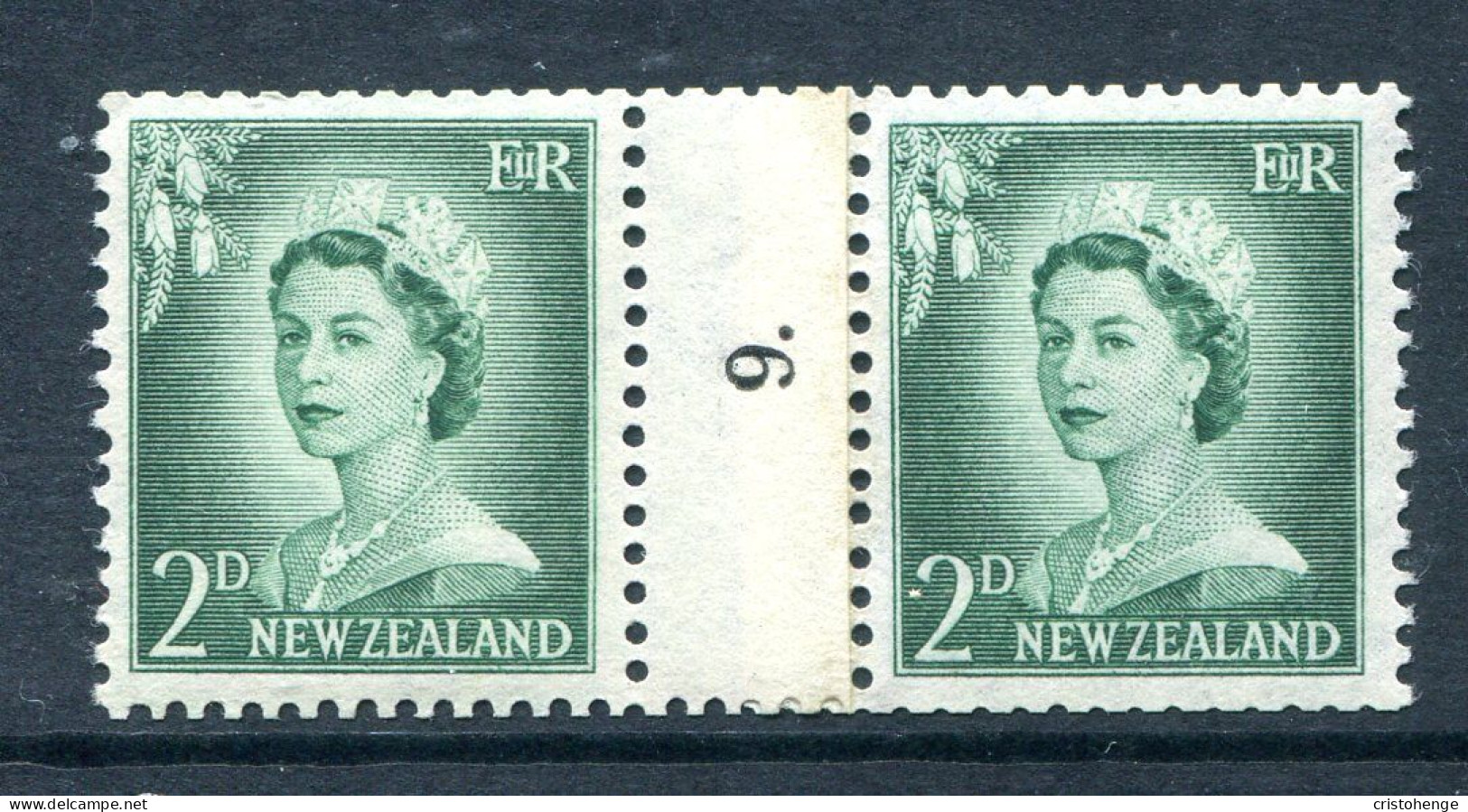 New Zealand 1955-59 QEII Large Figure Definitives - Coil Pairs - 2d Bluish-green - No. 9 - LHM - Neufs