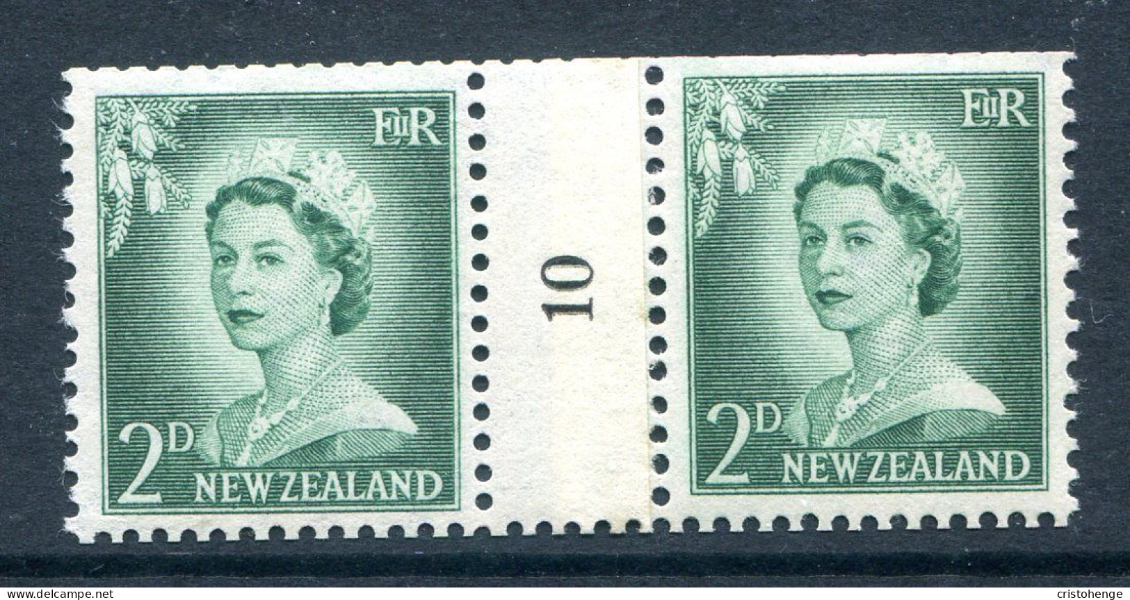 New Zealand 1955-59 QEII Large Figure Definitives - Coil Pairs - 2d Bluish-green - No. 10 - LHM - Ongebruikt