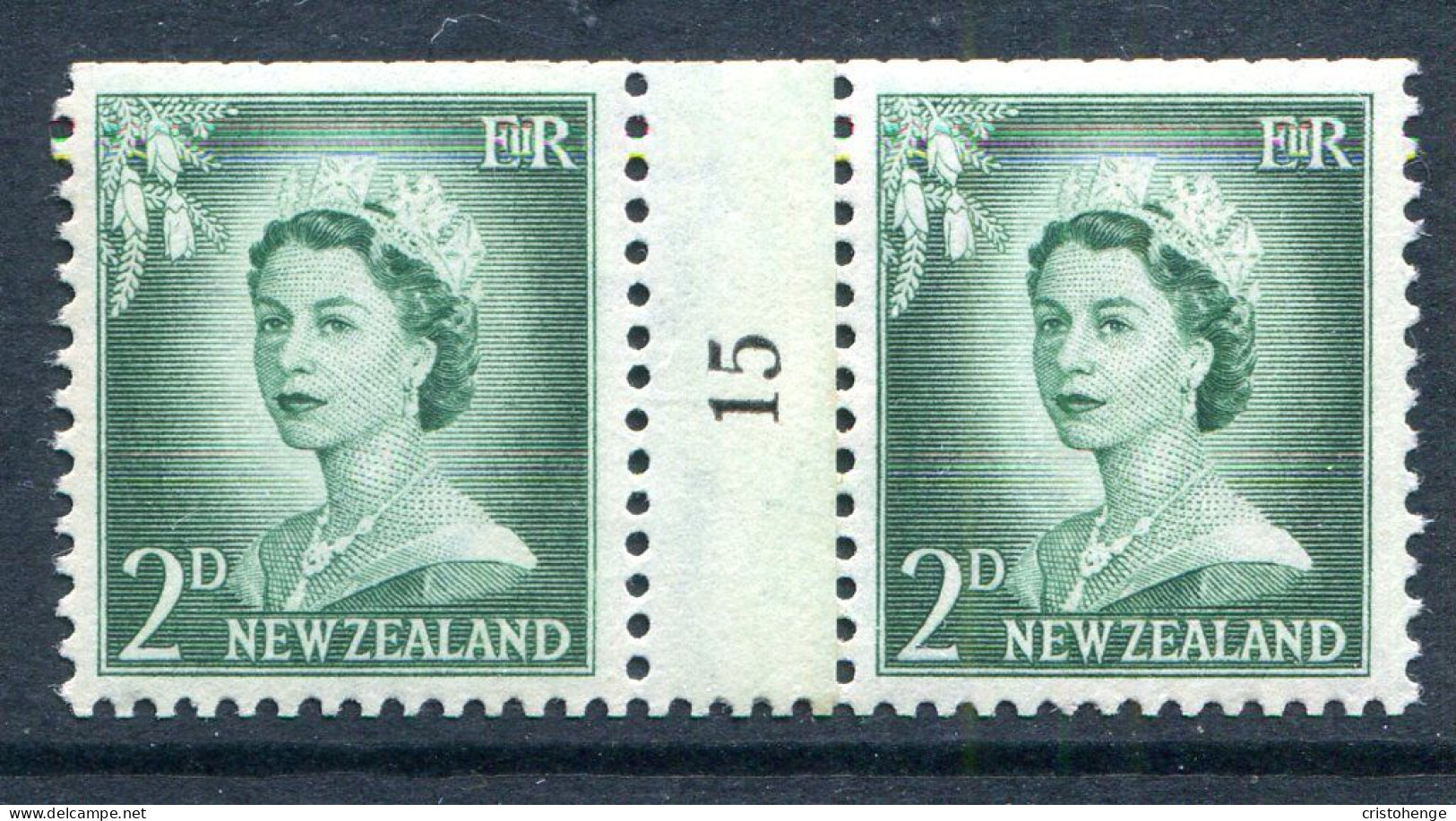 New Zealand 1955-59 QEII Large Figure Definitives - Coil Pairs - 2d Bluish-green - No. 15 - LHM - Nuevos