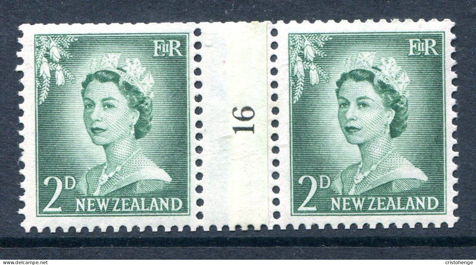 New Zealand 1955-59 QEII Large Figure Definitives - Coil Pairs - 2d Bluish-green - No. 16 - LHM - Unused Stamps