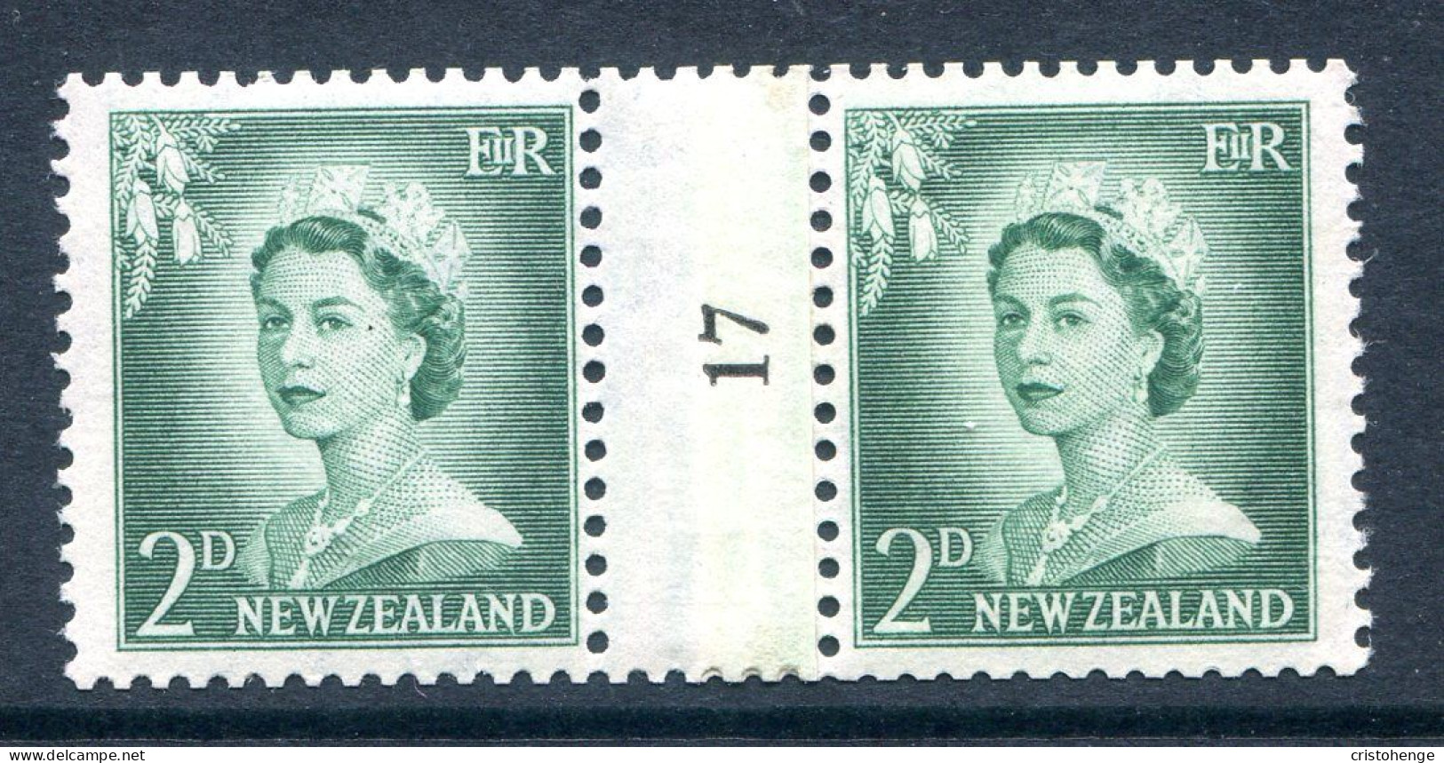 New Zealand 1955-59 QEII Large Figure Definitives - Coil Pairs - 2d Bluish-green - No. 17 - LHM - Ongebruikt