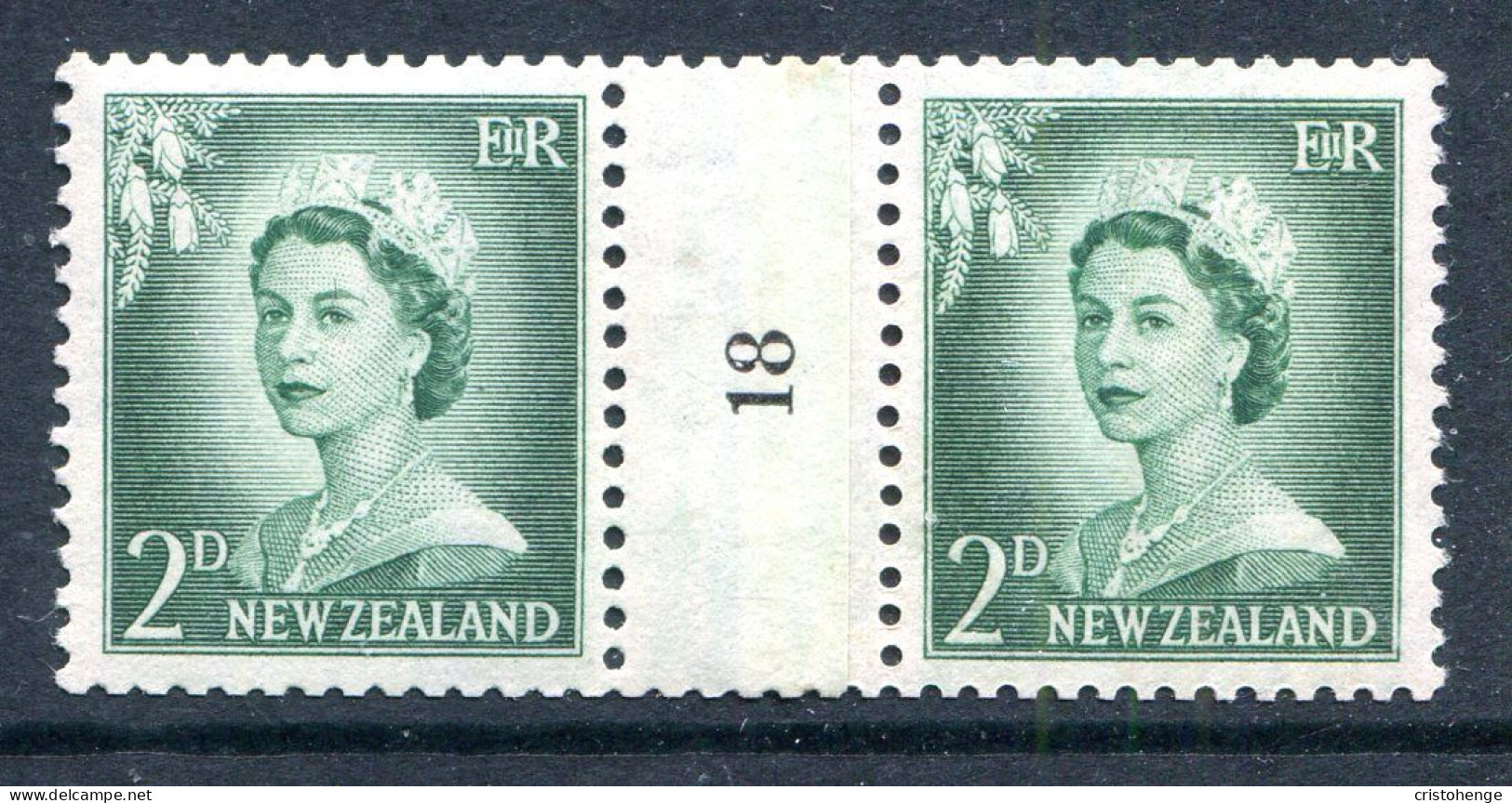 New Zealand 1955-59 QEII Large Figure Definitives - Coil Pairs - 2d Bluish-green - No. 18 - LHM - Unused Stamps