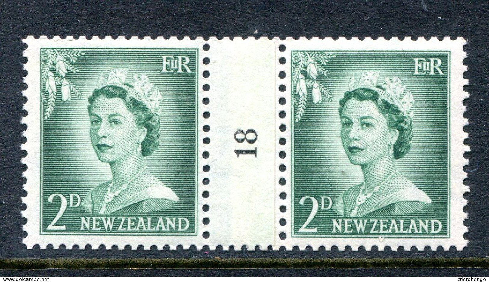 New Zealand 1955-59 QEII Large Figure Definitives - Coil Pairs - 2d Bluish-green - No. 18 - LHM - Nuevos