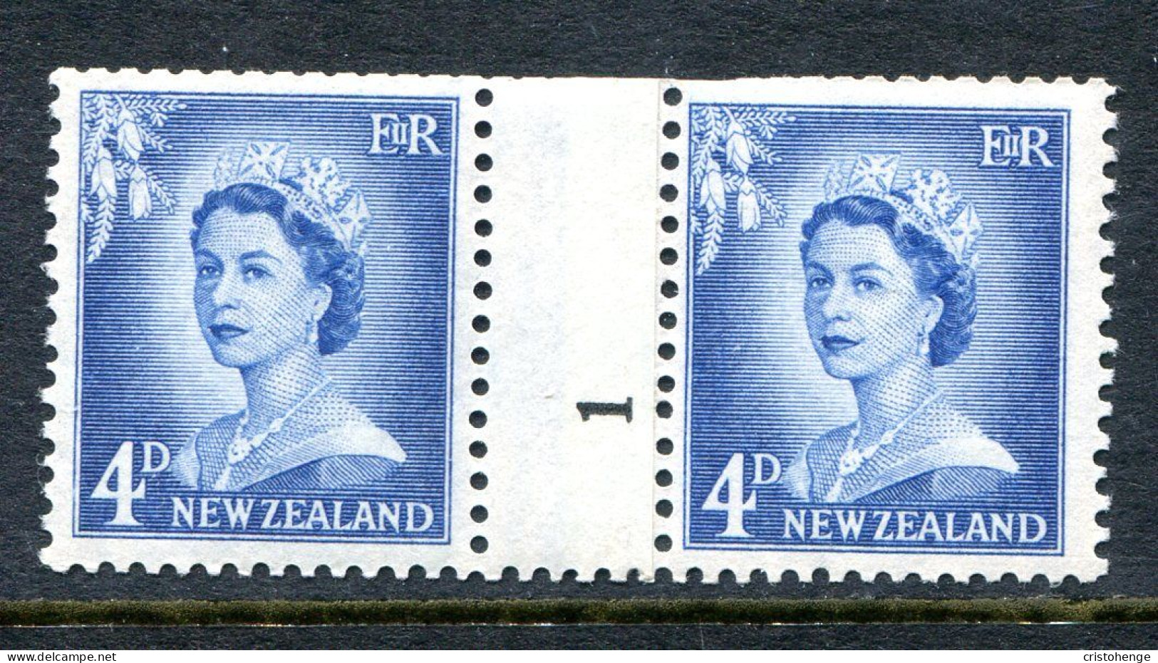 New Zealand 1955-59 QEII Large Figure Definitives - Coil Pairs - 4d Blue - No. 1 - LHM - Unused Stamps