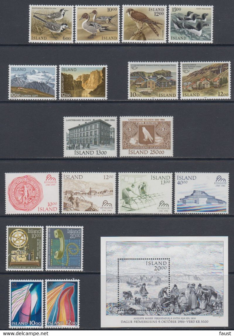 1986 ** Islande (sans Charn., MNH, Postfrish) Complete Yv 597/15 + BF 7 Mi 644/62 + Block 7 FA 681/99 + Block 7 - Full Years