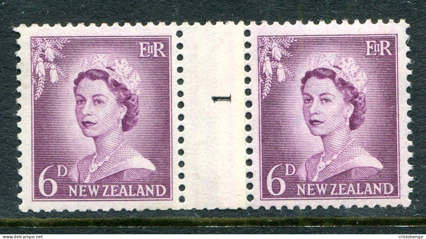 New Zealand 1955-59 QEII Large Figure Definitives - Coil Pairs - 6d Mauve - No. 1 - LHM - Neufs