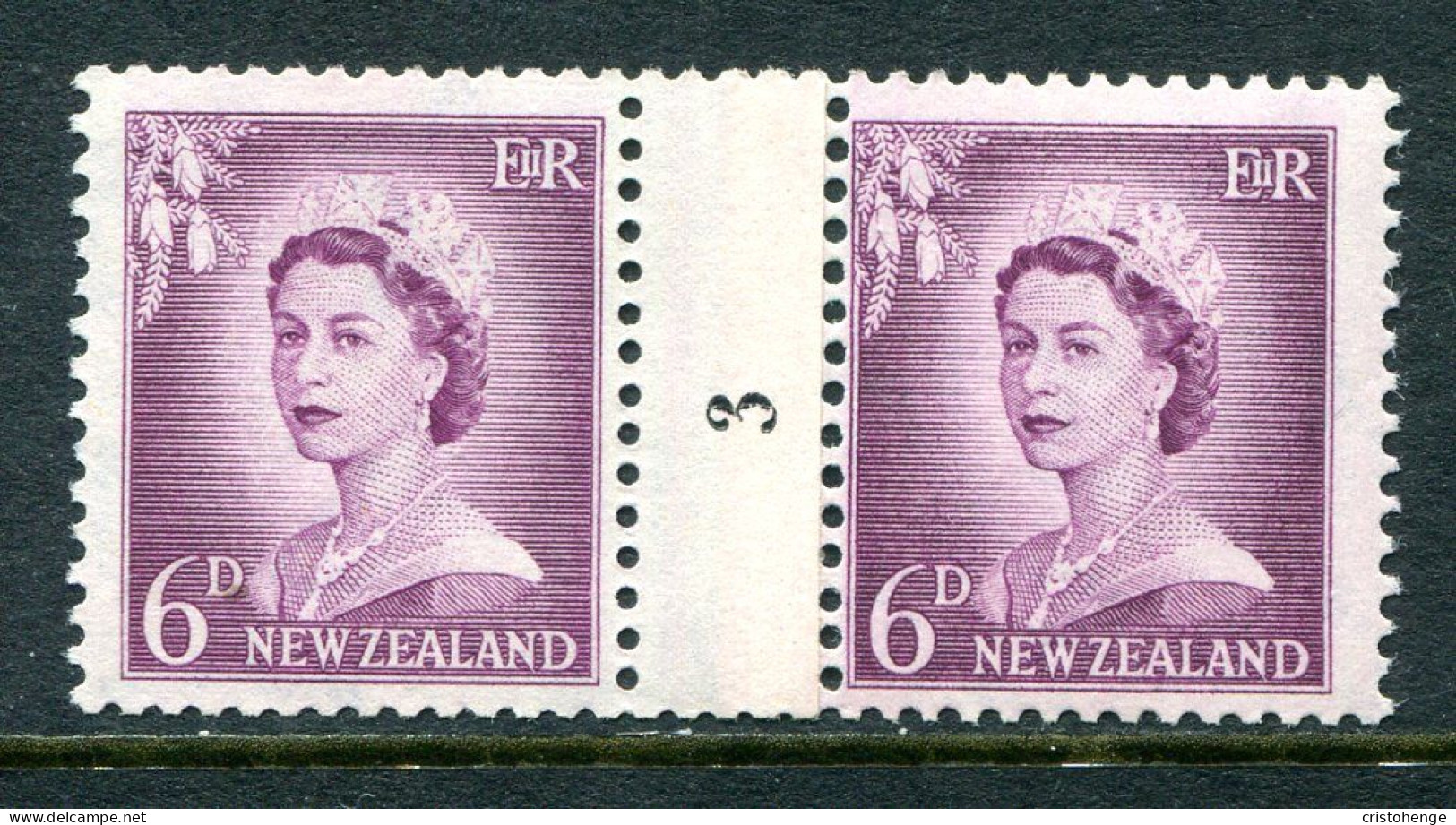 New Zealand 1955-59 QEII Large Figure Definitives - Coil Pairs - 6d Mauve - No. 3 - LHM - Unused Stamps