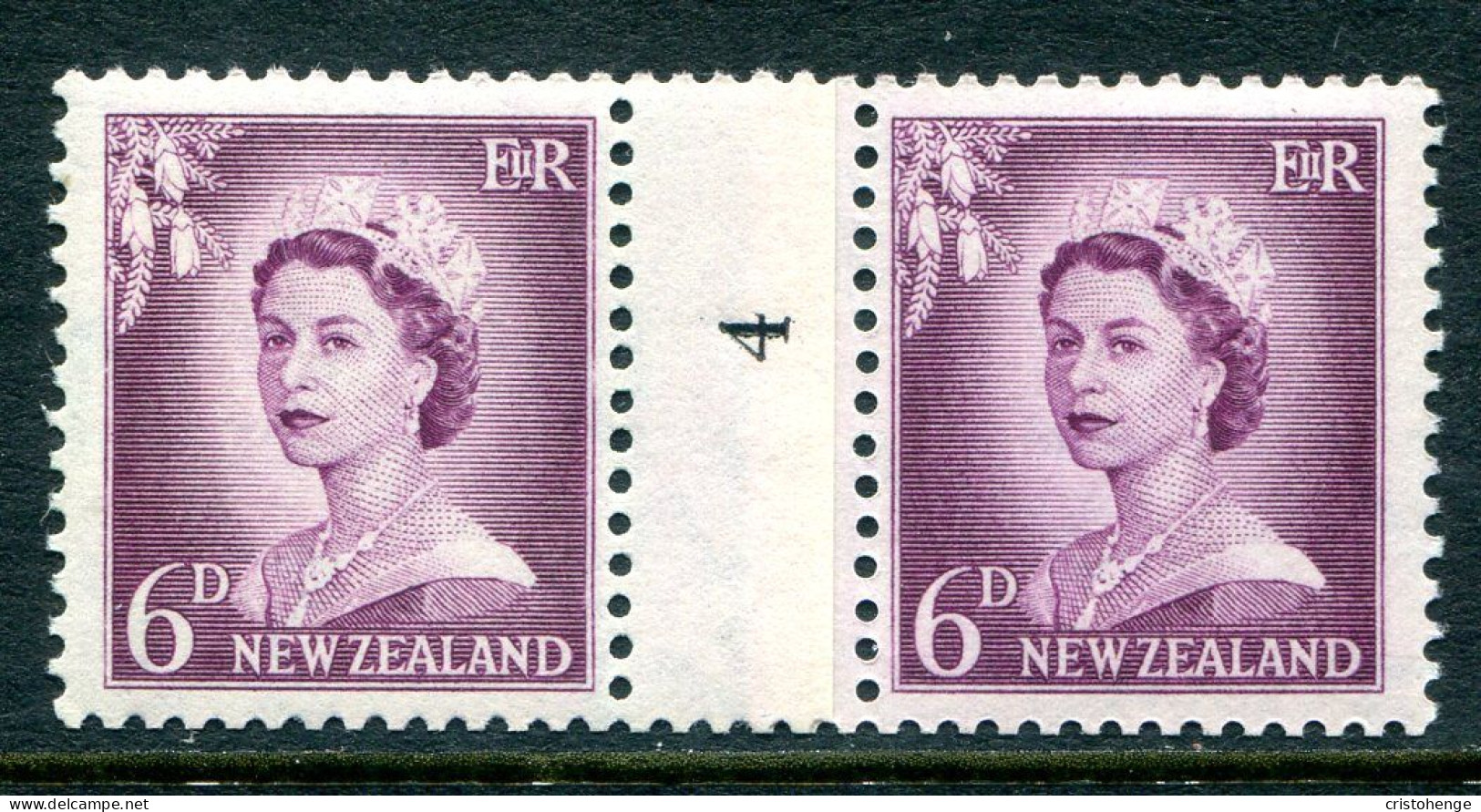 New Zealand 1955-59 QEII Large Figure Definitives - Coil Pairs - 6d Mauve - No. 4 - LHM - Unused Stamps