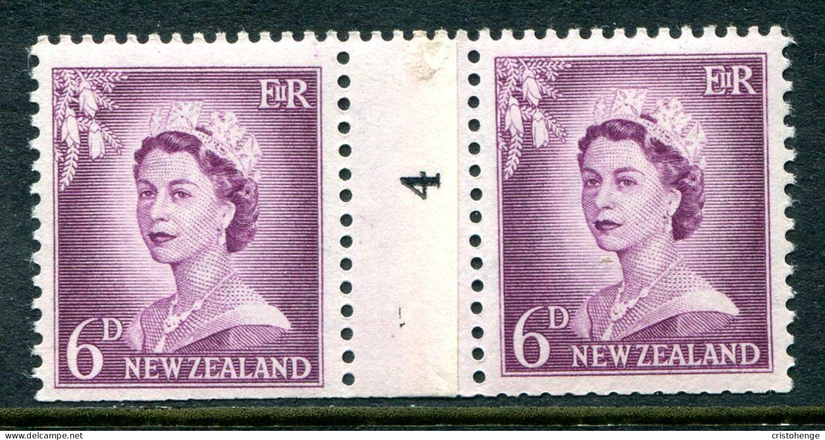 New Zealand 1955-59 QEII Large Figure Definitives - Coil Pairs - 6d Mauve - No. 4 - LHM - Unused Stamps