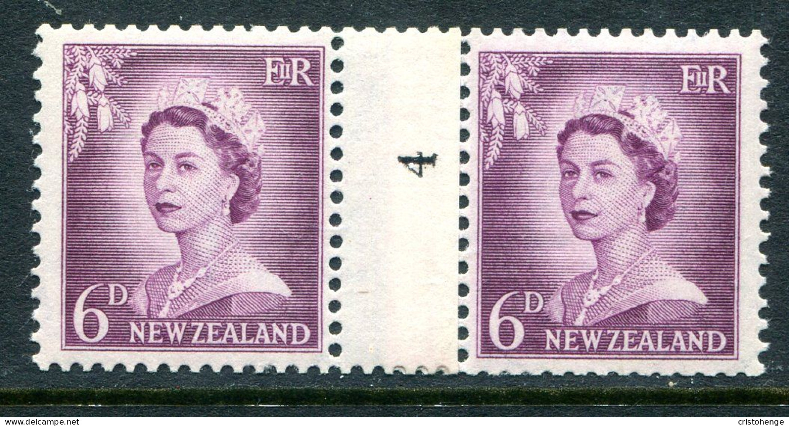 New Zealand 1955-59 QEII Large Figure Definitives - Coil Pairs - 6d Mauve - No. 4 - LHM - Nuovi