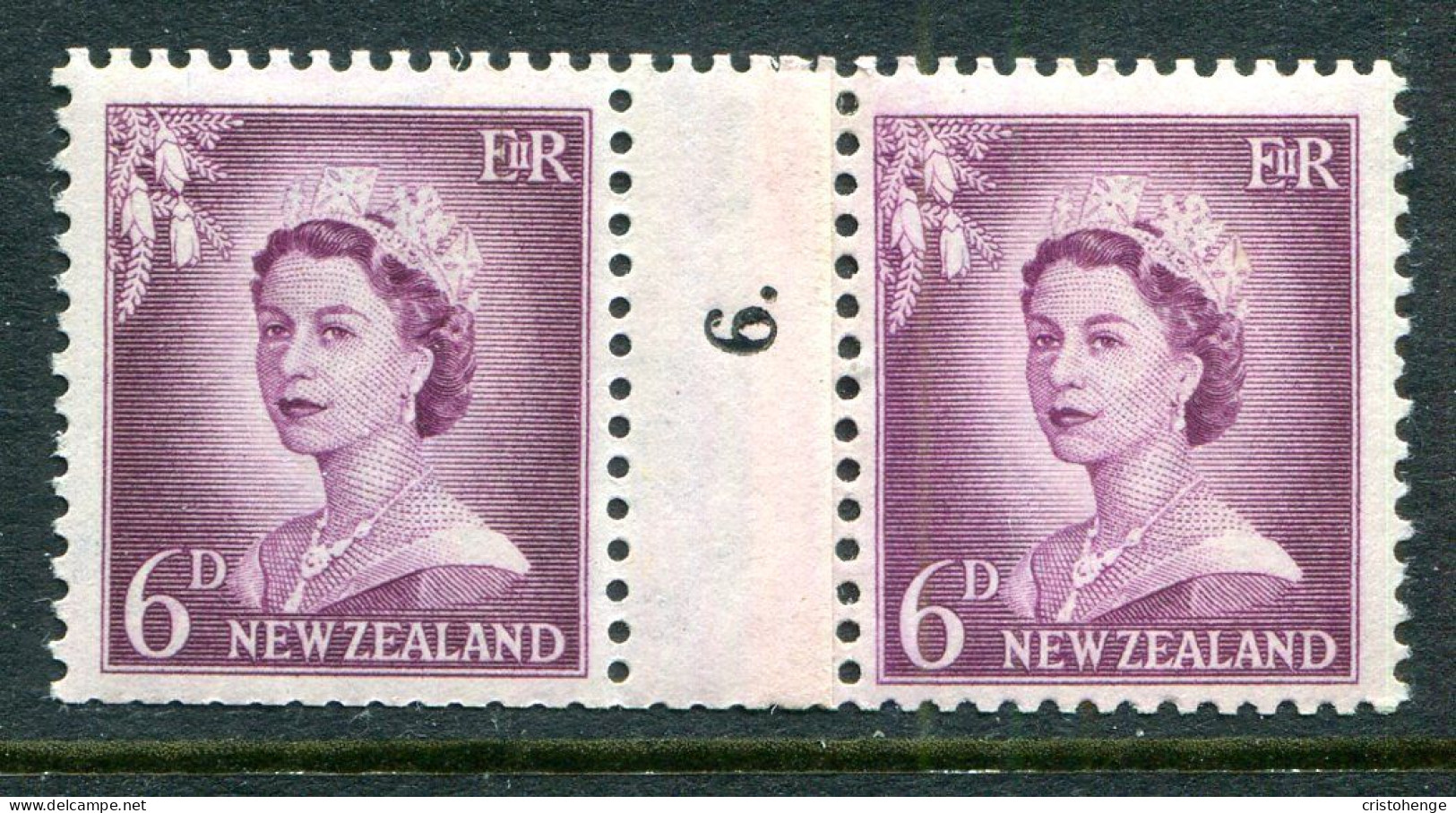 New Zealand 1955-59 QEII Large Figure Definitives - Coil Pairs - 6d Mauve - No. 6 - LHM - Nuovi