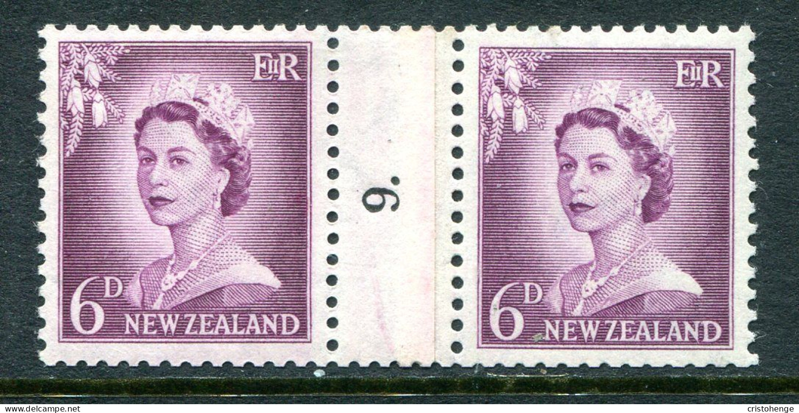 New Zealand 1955-59 QEII Large Figure Definitives - Coil Pairs - 6d Mauve - No. 9 - LHM - Nuovi