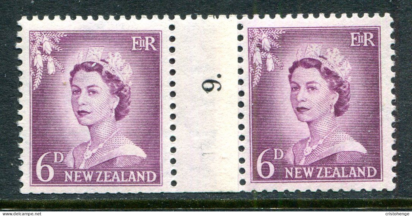 New Zealand 1955-59 QEII Large Figure Definitives - Coil Pairs - 6d Mauve - No. 9 - LHM - Nuovi