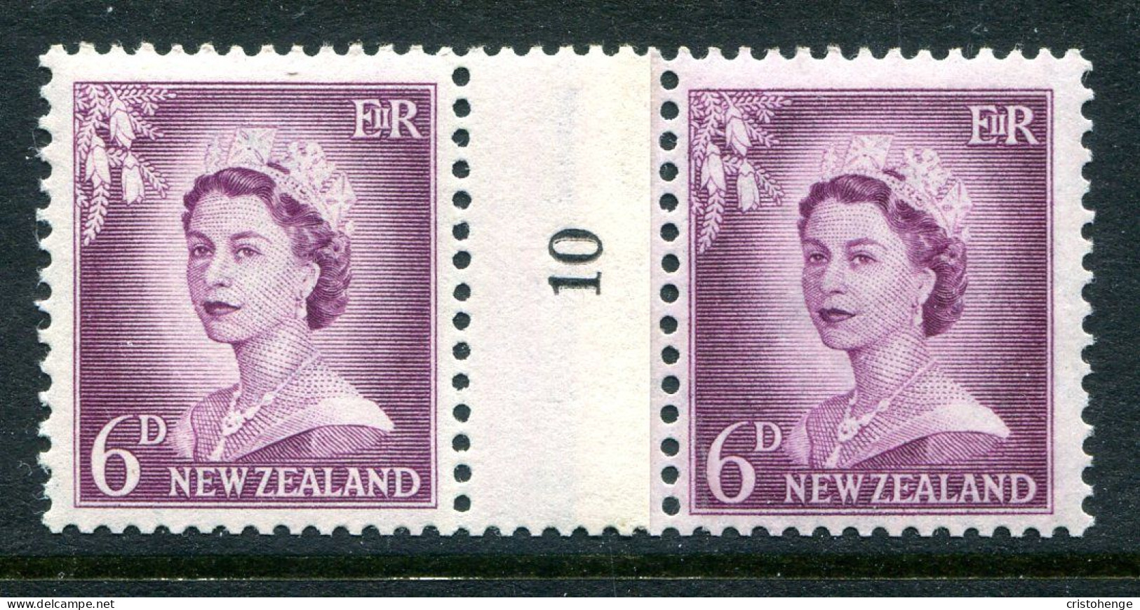 New Zealand 1955-59 QEII Large Figure Definitives - Coil Pairs - 6d Mauve - No. 10 - LHM - Unused Stamps