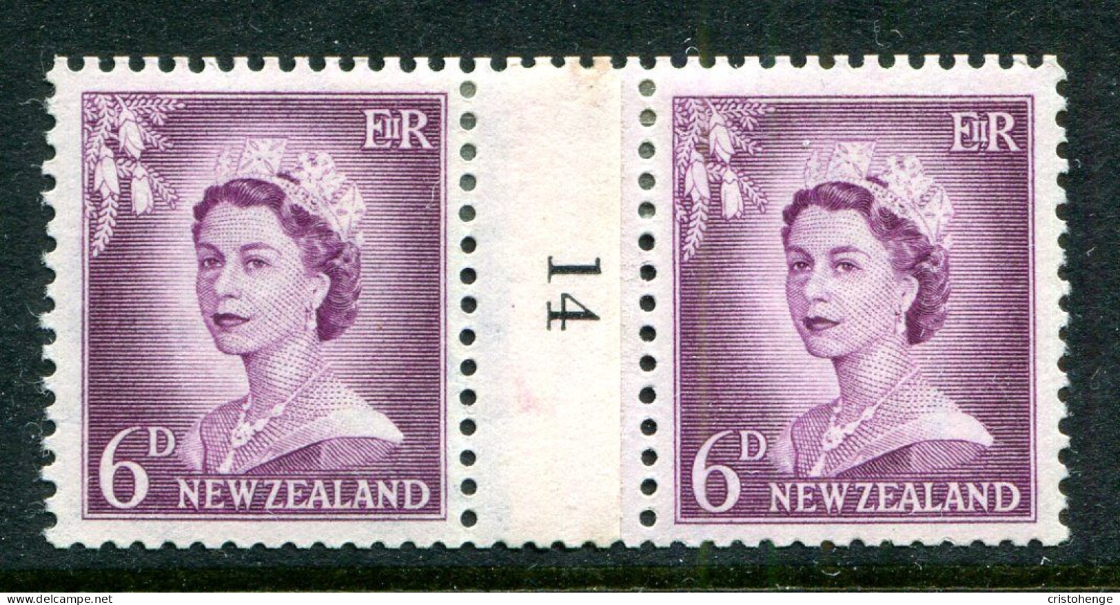 New Zealand 1955-59 QEII Large Figure Definitives - Coil Pairs - 6d Mauve - No. 14 - LHM - Unused Stamps