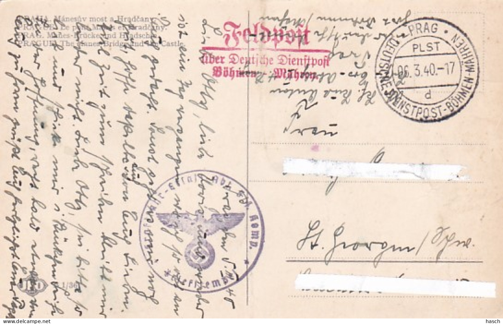 4814 58  Feldpost über DeutscheDienstpost  Böhmen-Mähren. Stempel: Pragd / 06.3.40. Briefstempel  Kraftfahr-Ersatz Abt 5 - Briefe
