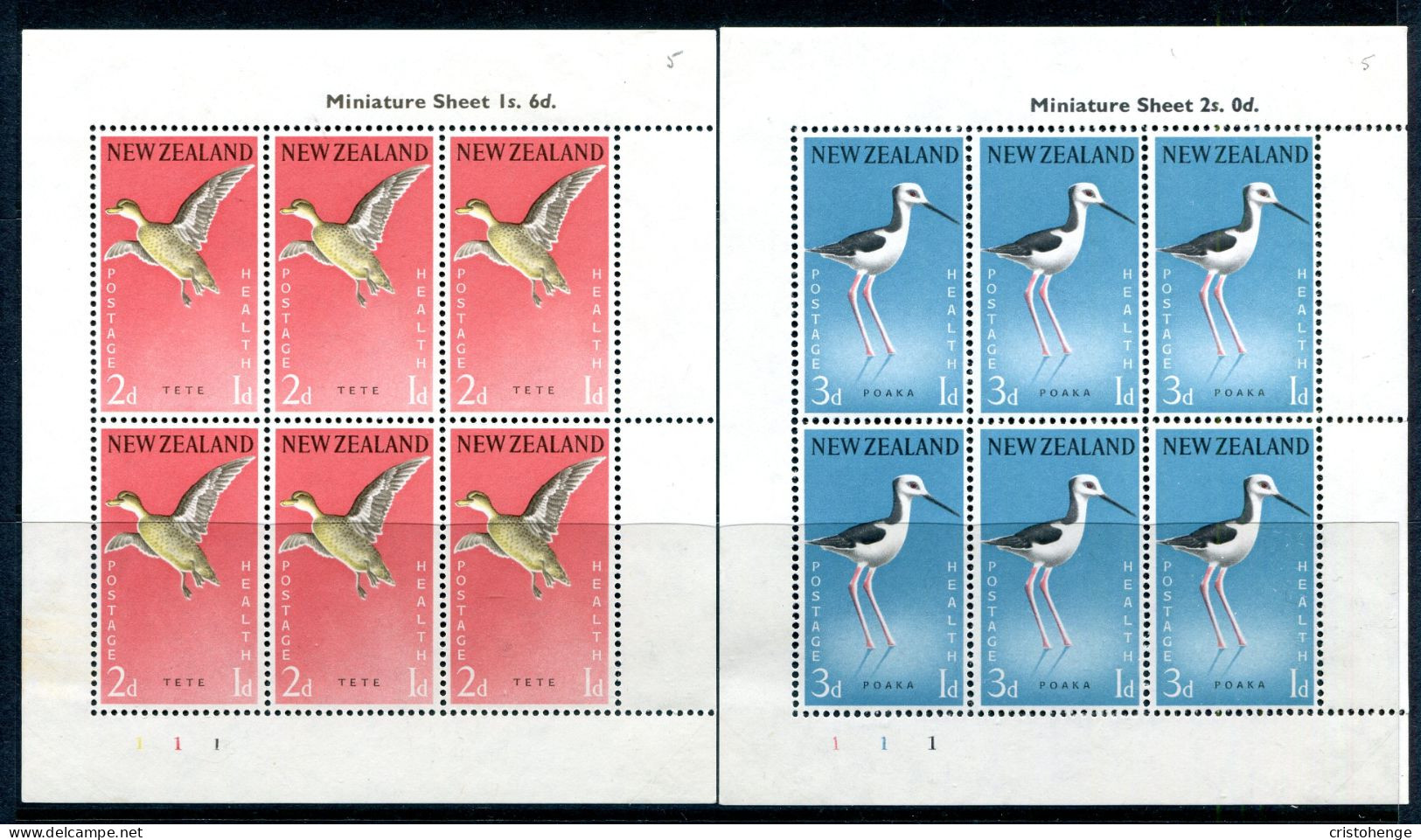 New Zealand 1959 Health - Birds MS Set Of 2 HM (SG MS777c) - Ungebraucht